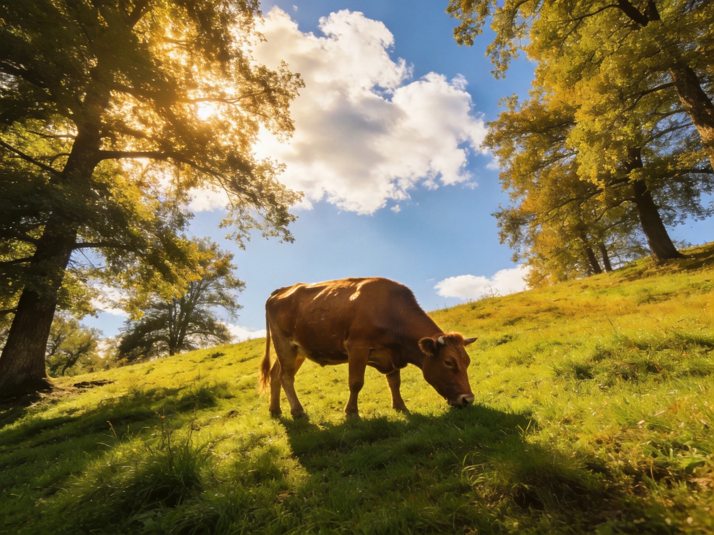 A brown cow grazing on a sun-drenched grassy hillside with tall trees