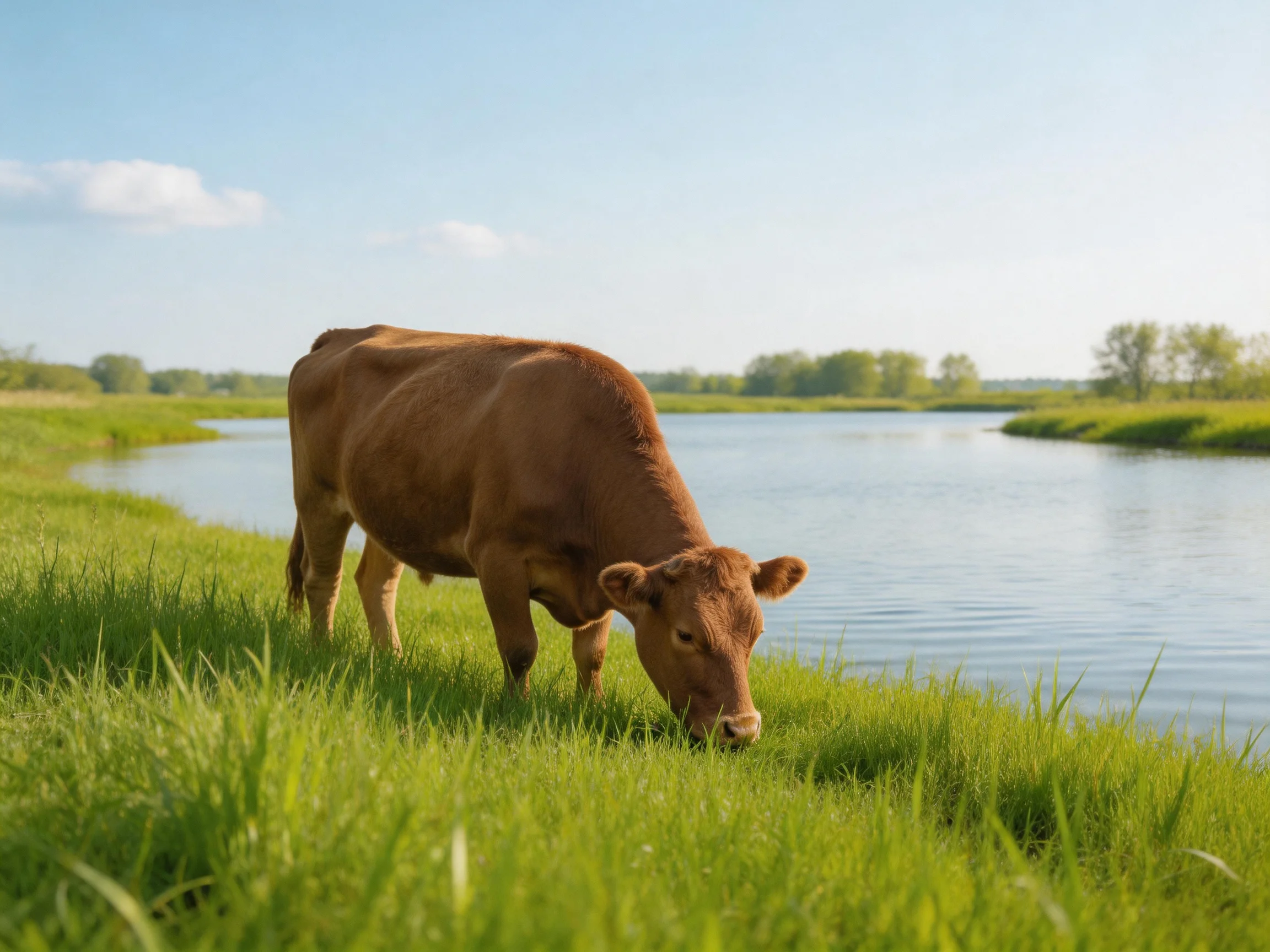A brown cow grazing on lush green grass beside a calm river