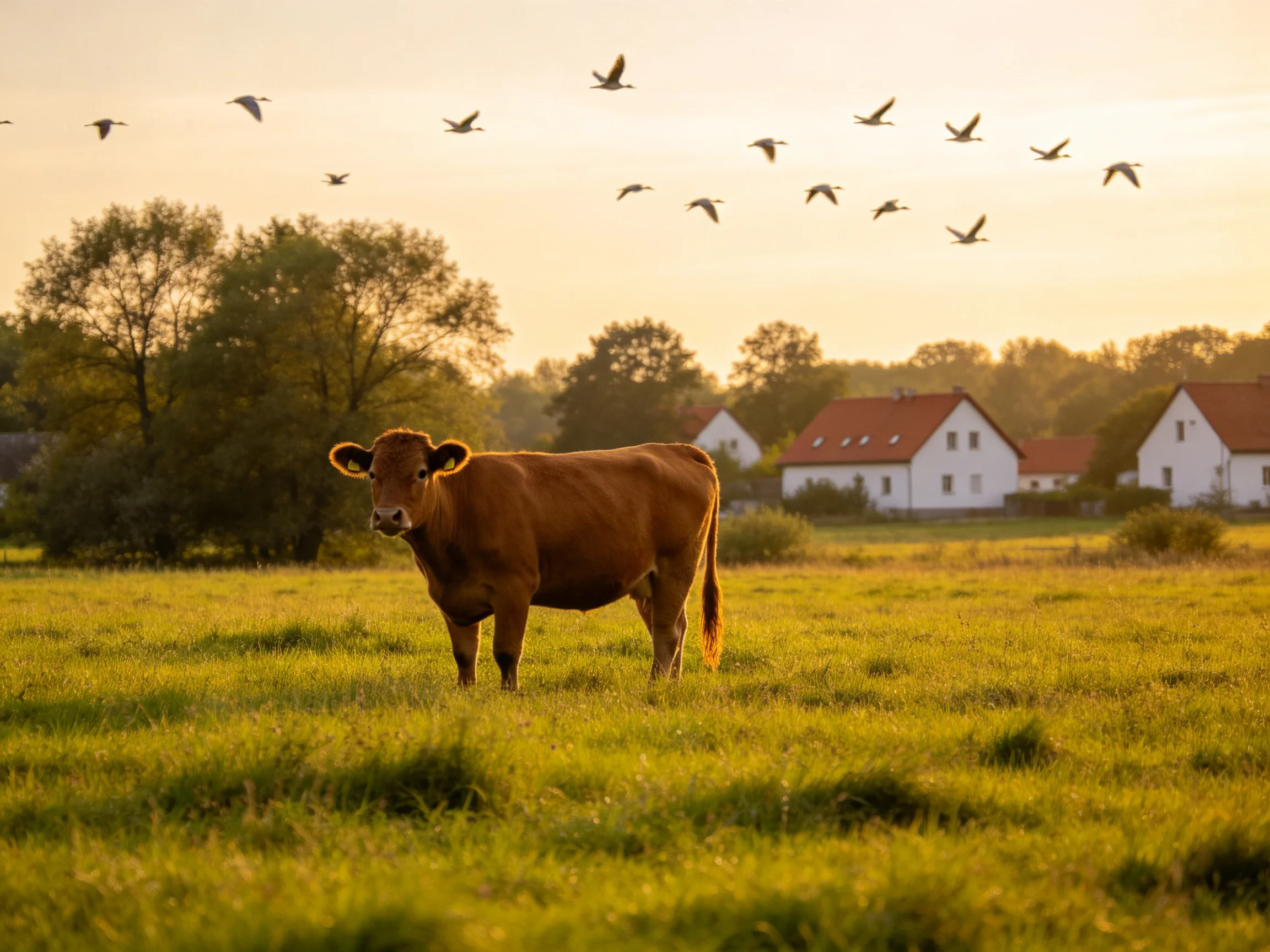 A brown cow in a golden field near white houses with flying birds