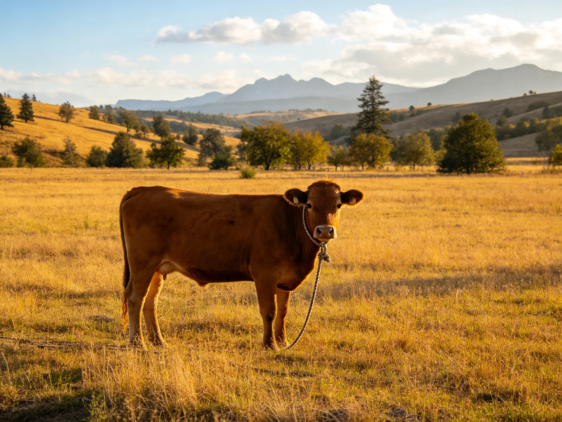A brown cow in a golden field with distant mountains