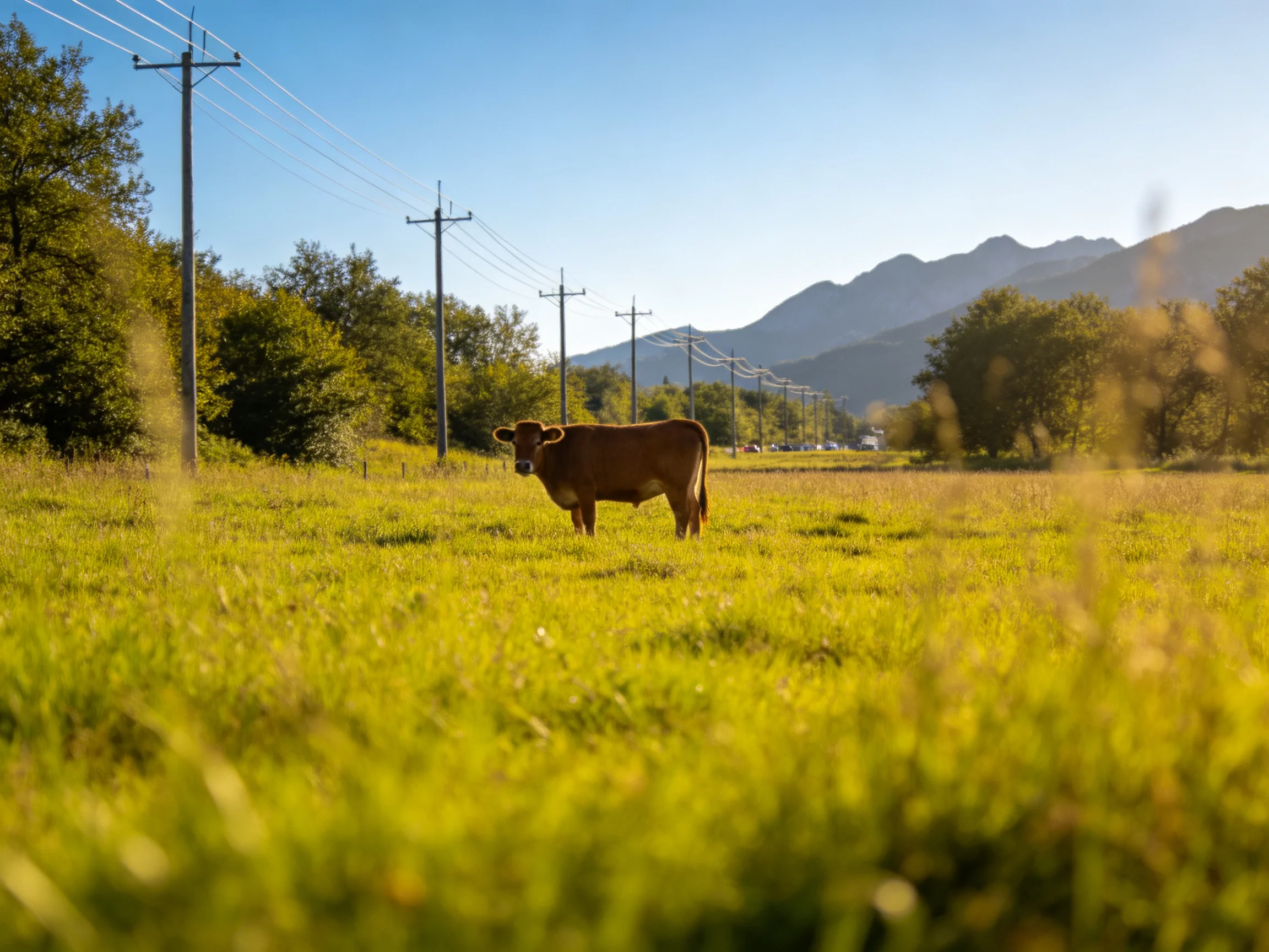 A brown cow in a golden meadow near distant mountains