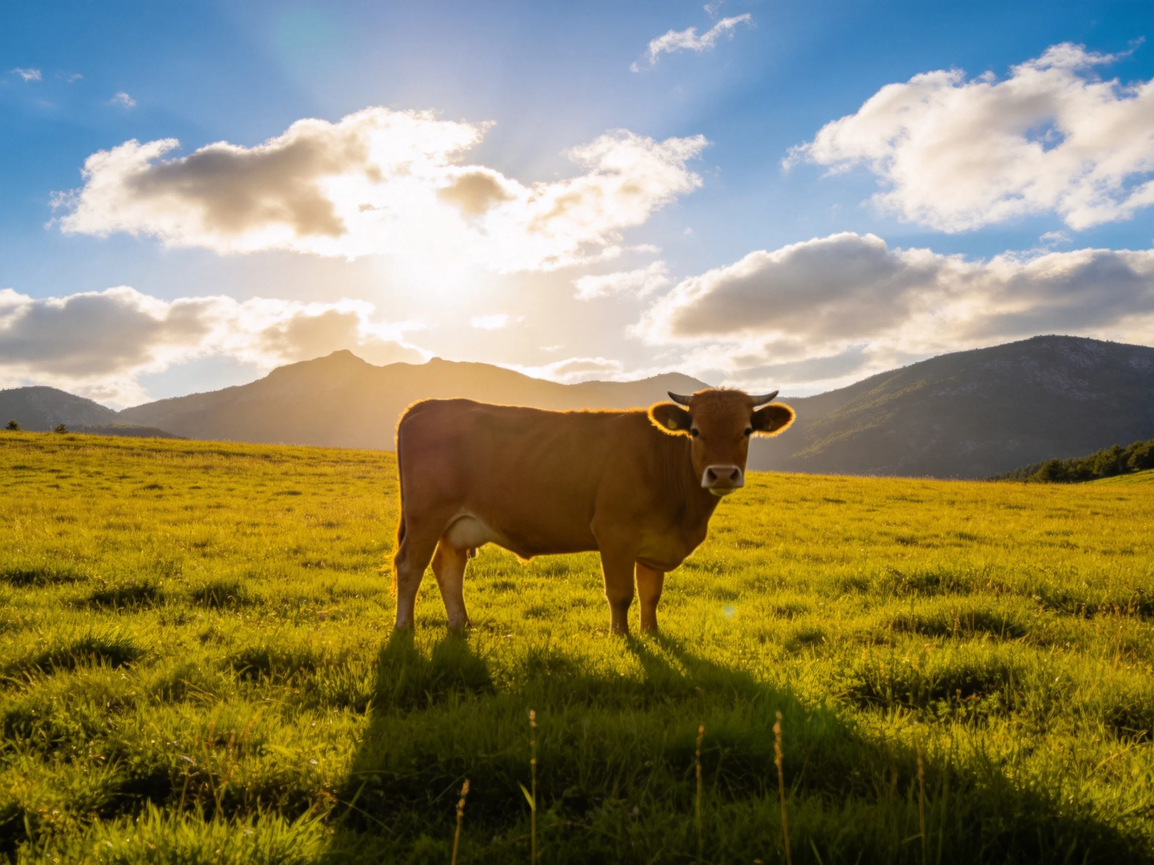 A brown cow in a golden meadow with distant mountains