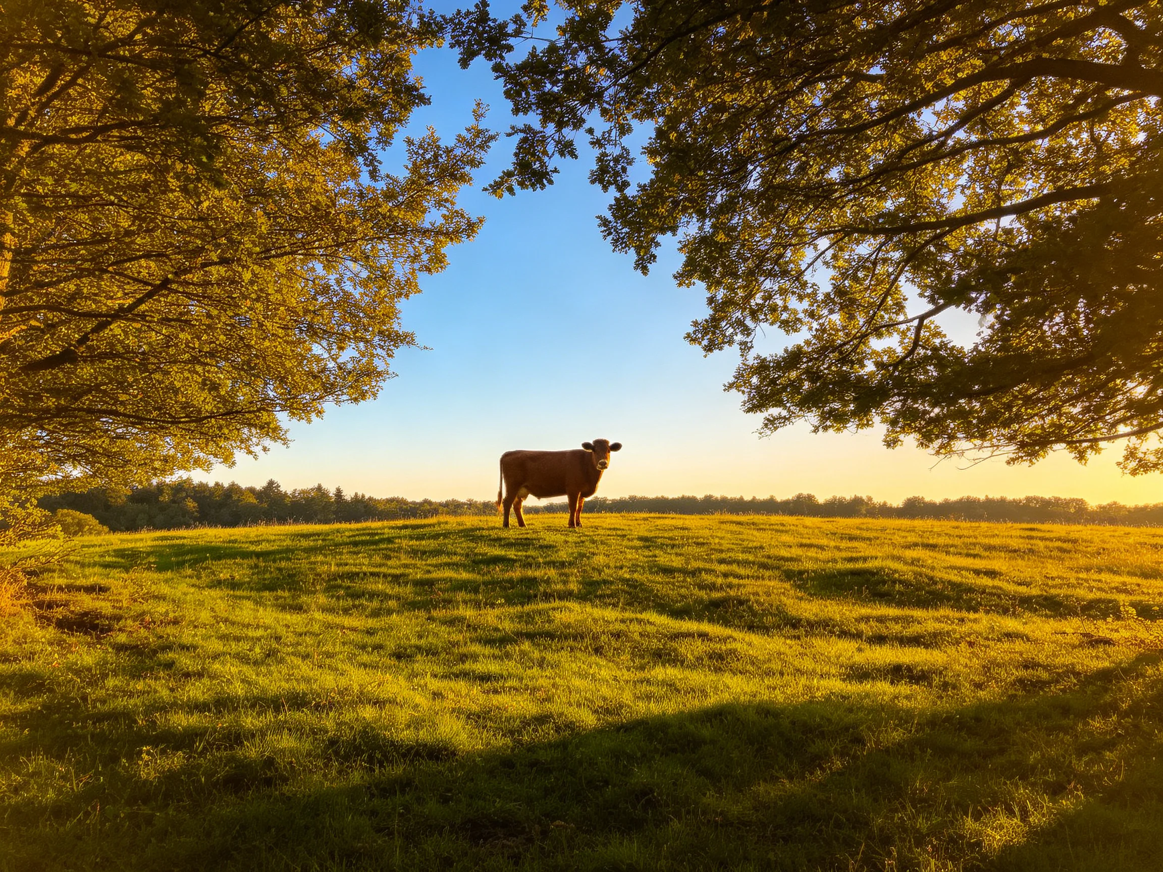 A brown cow in a golden meadow with leafy trees