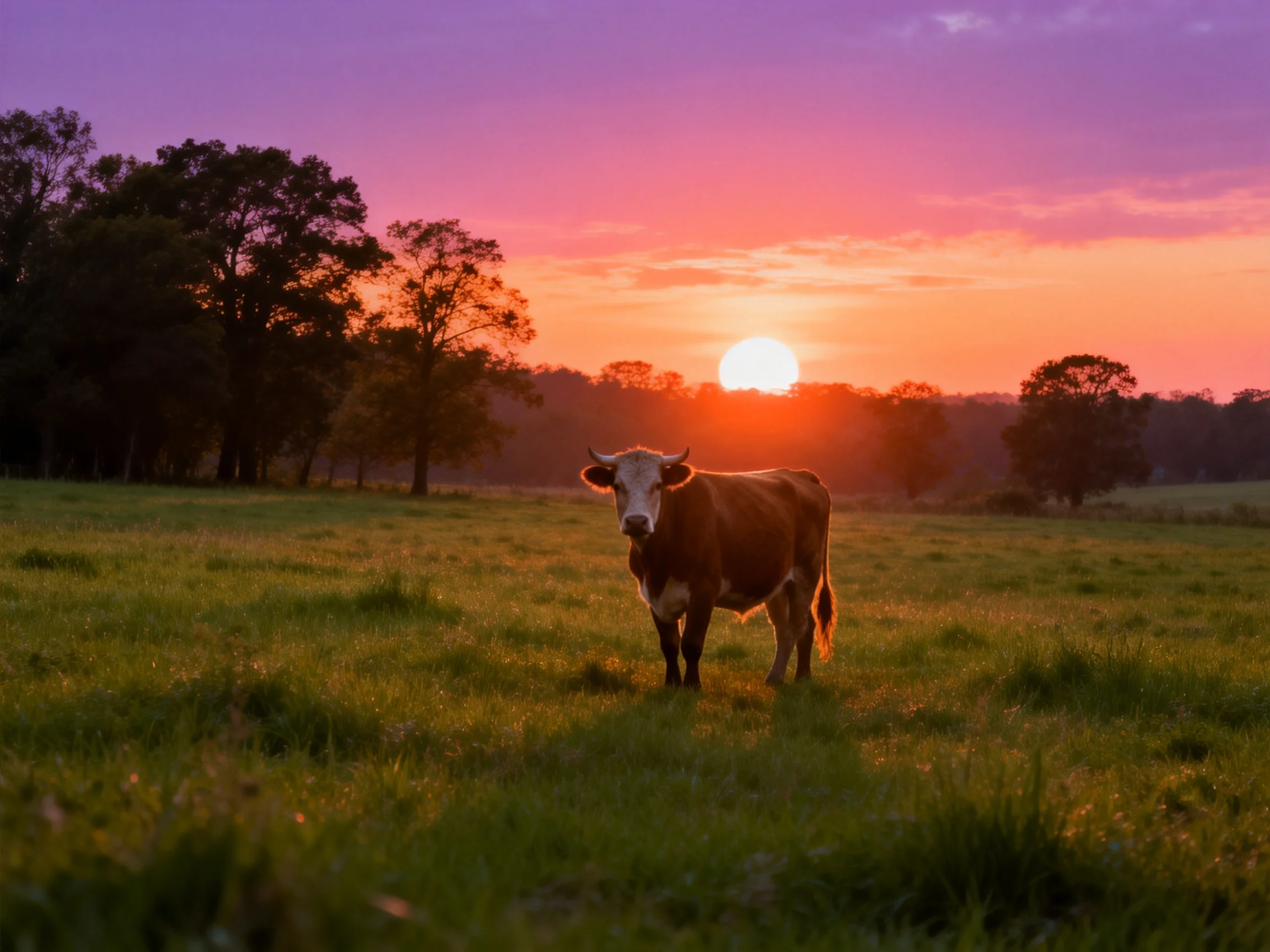 A brown cow in a green meadow under a colorful sunset sky