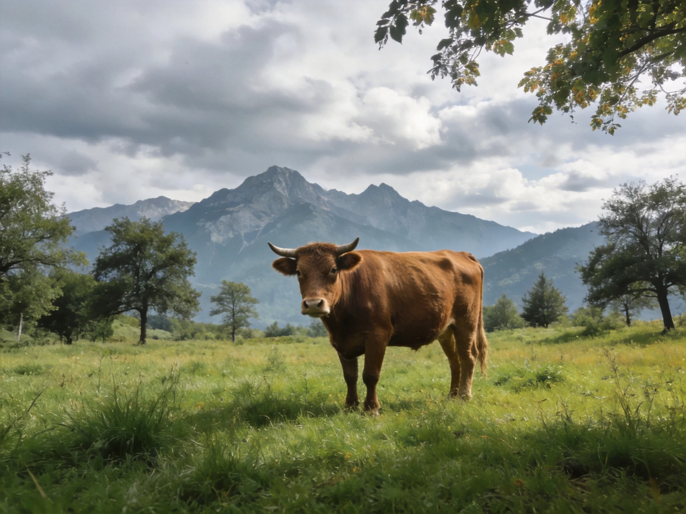 A brown cow in a lush green meadow near misty mountain peaks