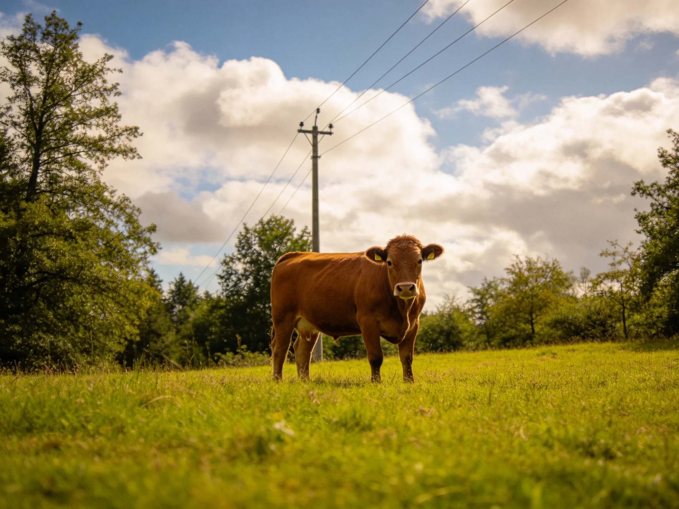 A brown cow in a lush green meadow near trees and power lines