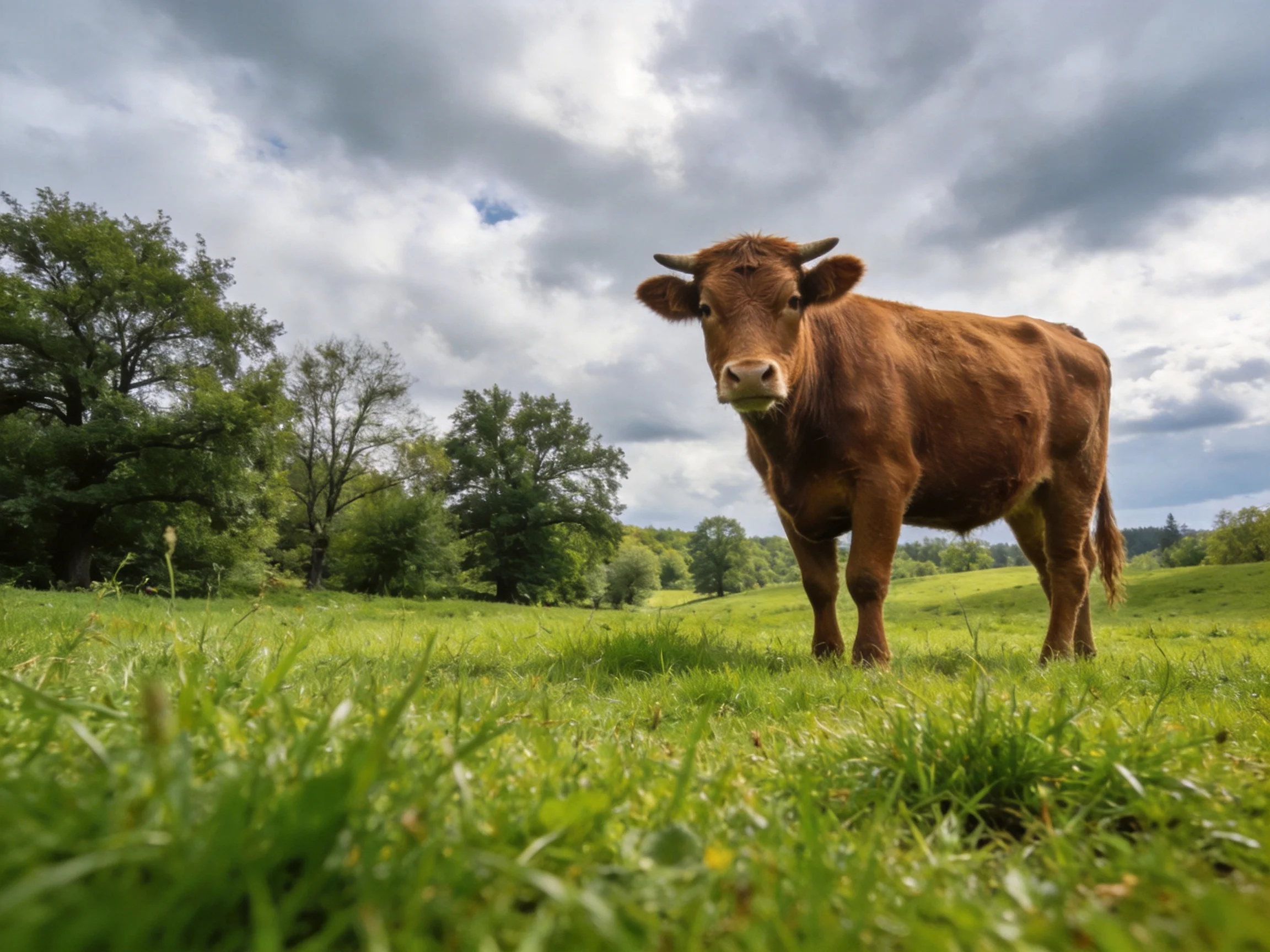 A brown cow in a lush green meadow under a cloudy sky