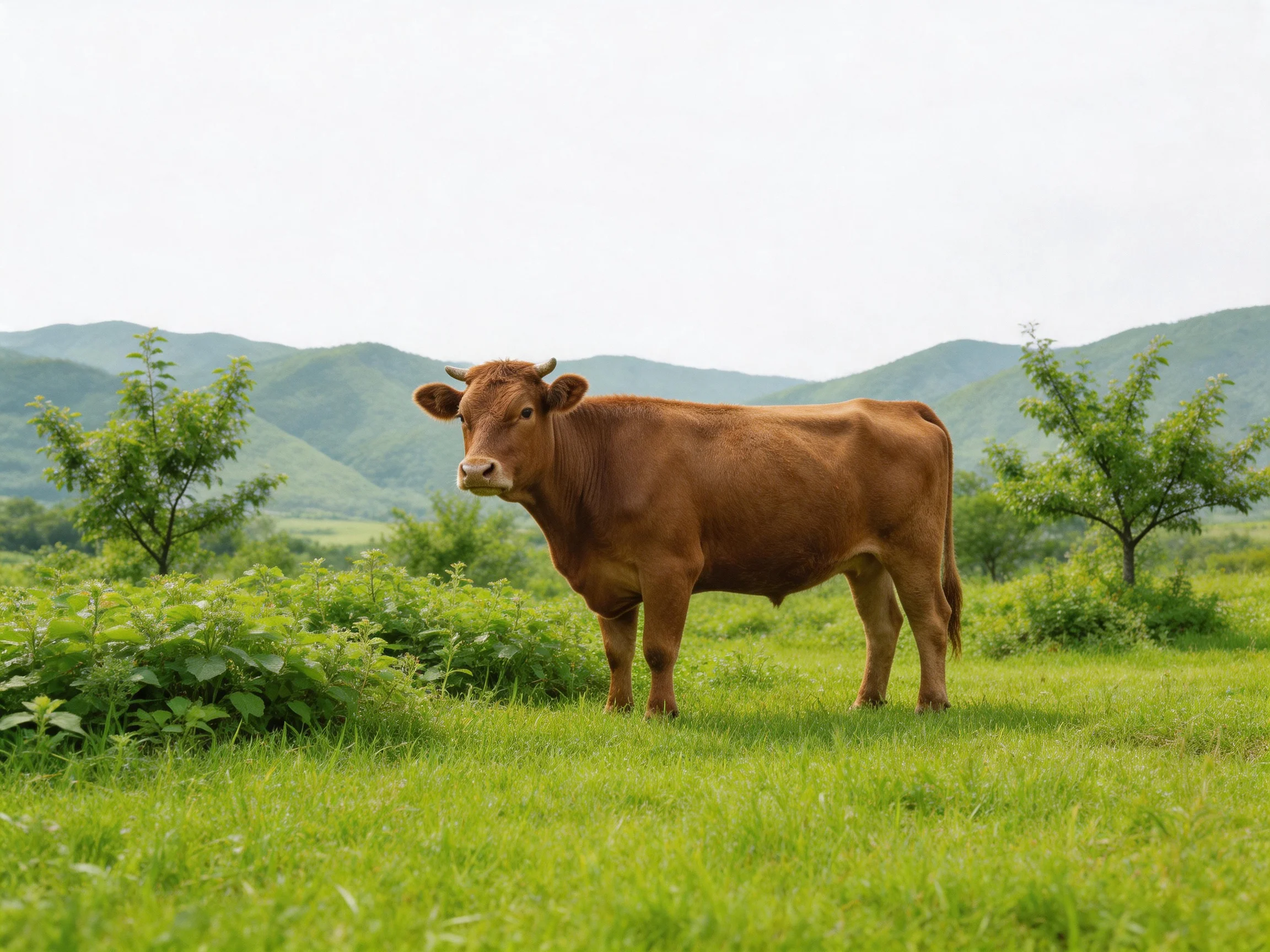 A brown cow in a lush green meadow with distant hills