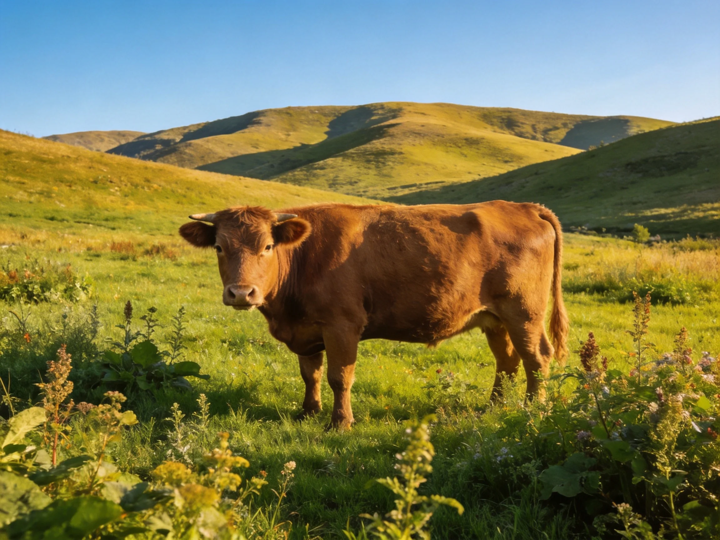 A brown cow in a lush green meadow with rolling hills