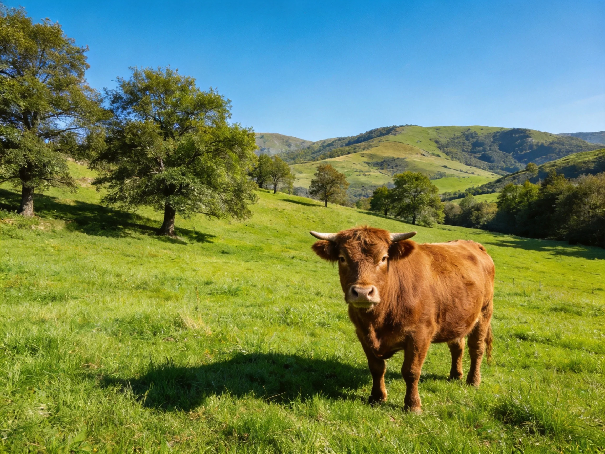 A brown cow in a lush green meadow with rolling hills