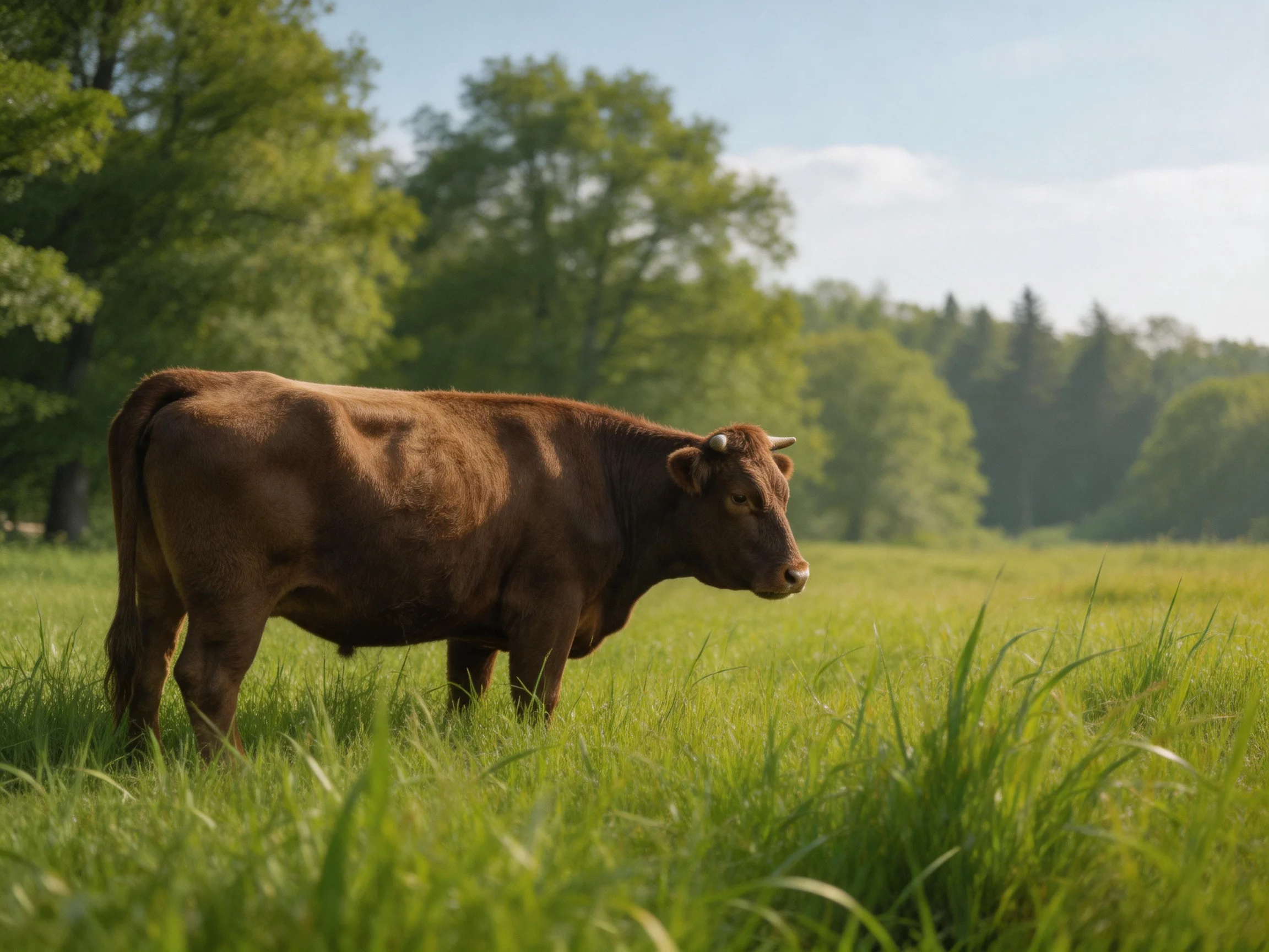 A brown cow in a lush green meadow with tall trees