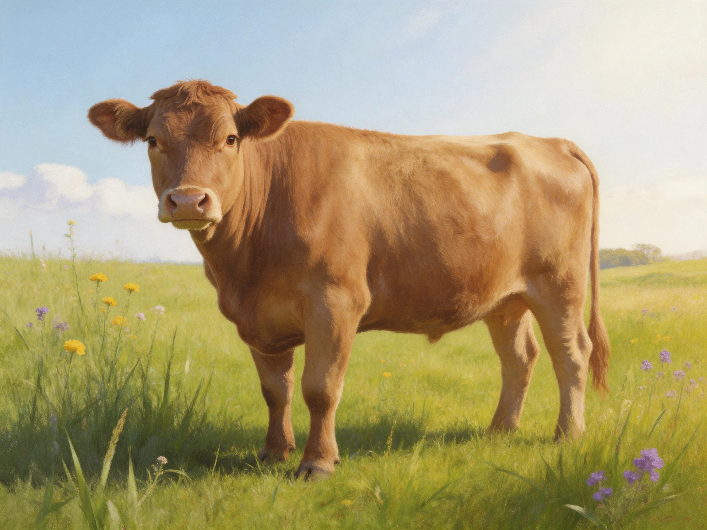 A brown cow in a lush green meadow with yellow and purple wildflowers