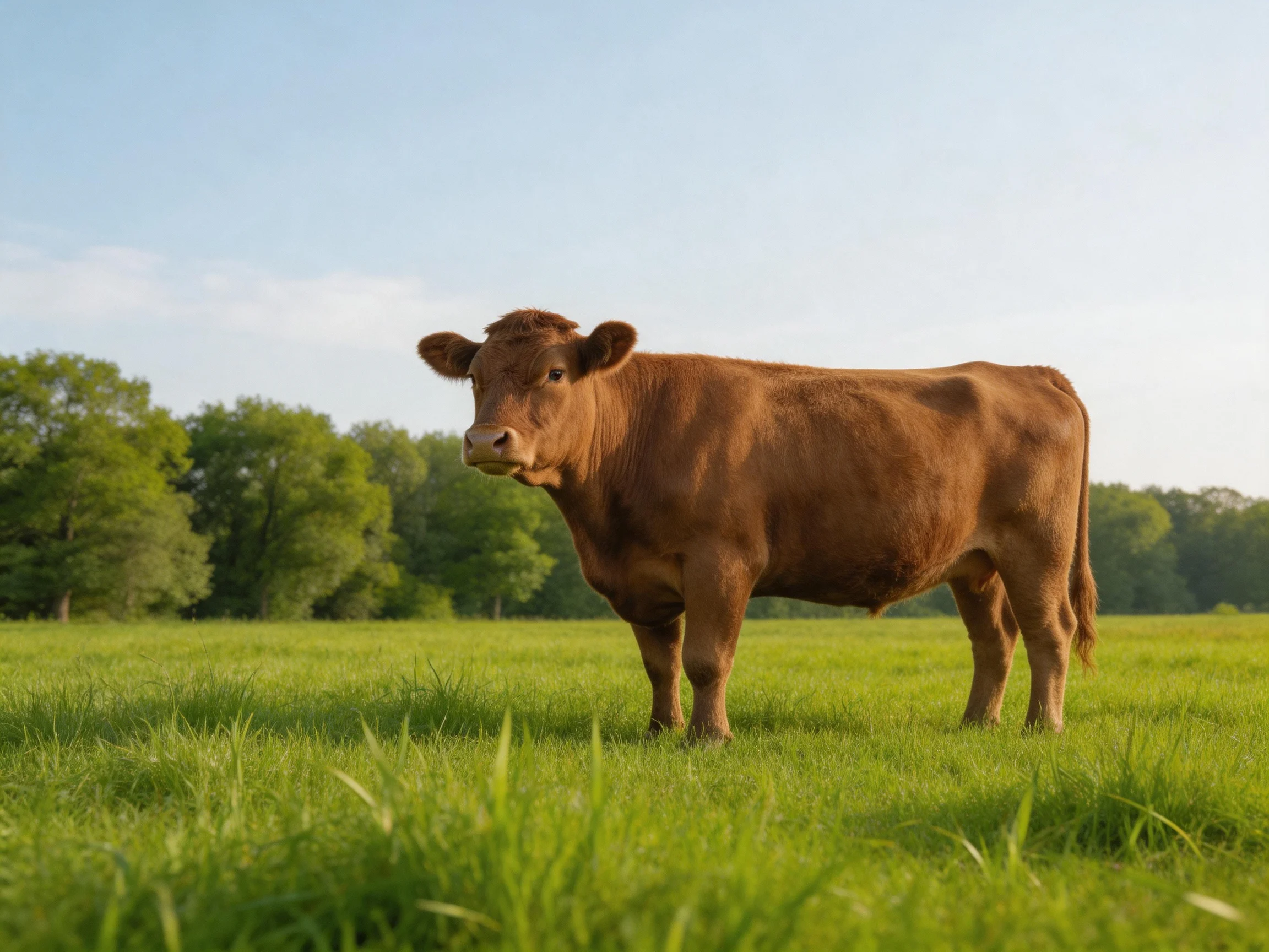 A brown cow in a lush green pasture near trees