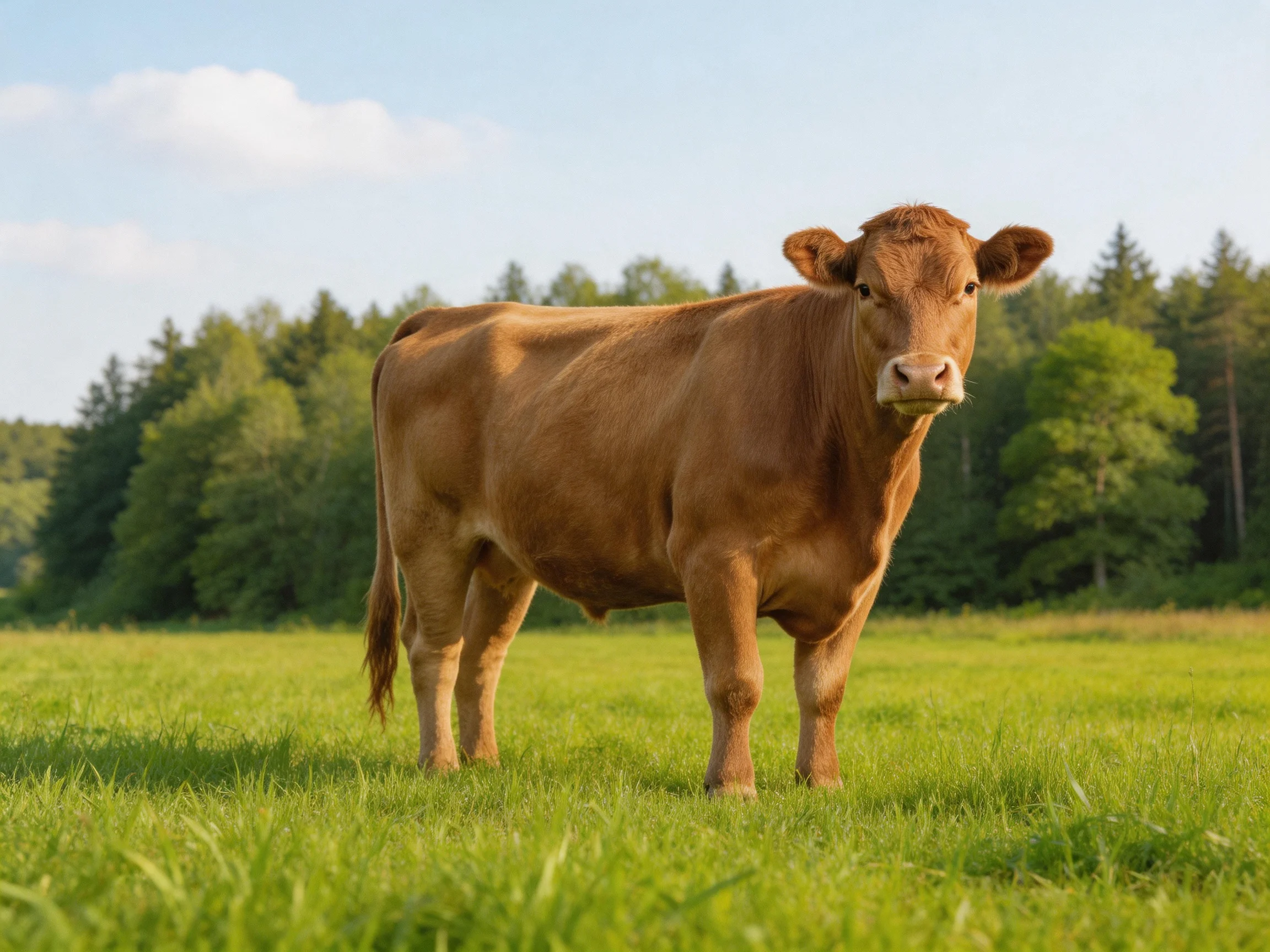 A brown cow in a lush green pasture with forest backdrop