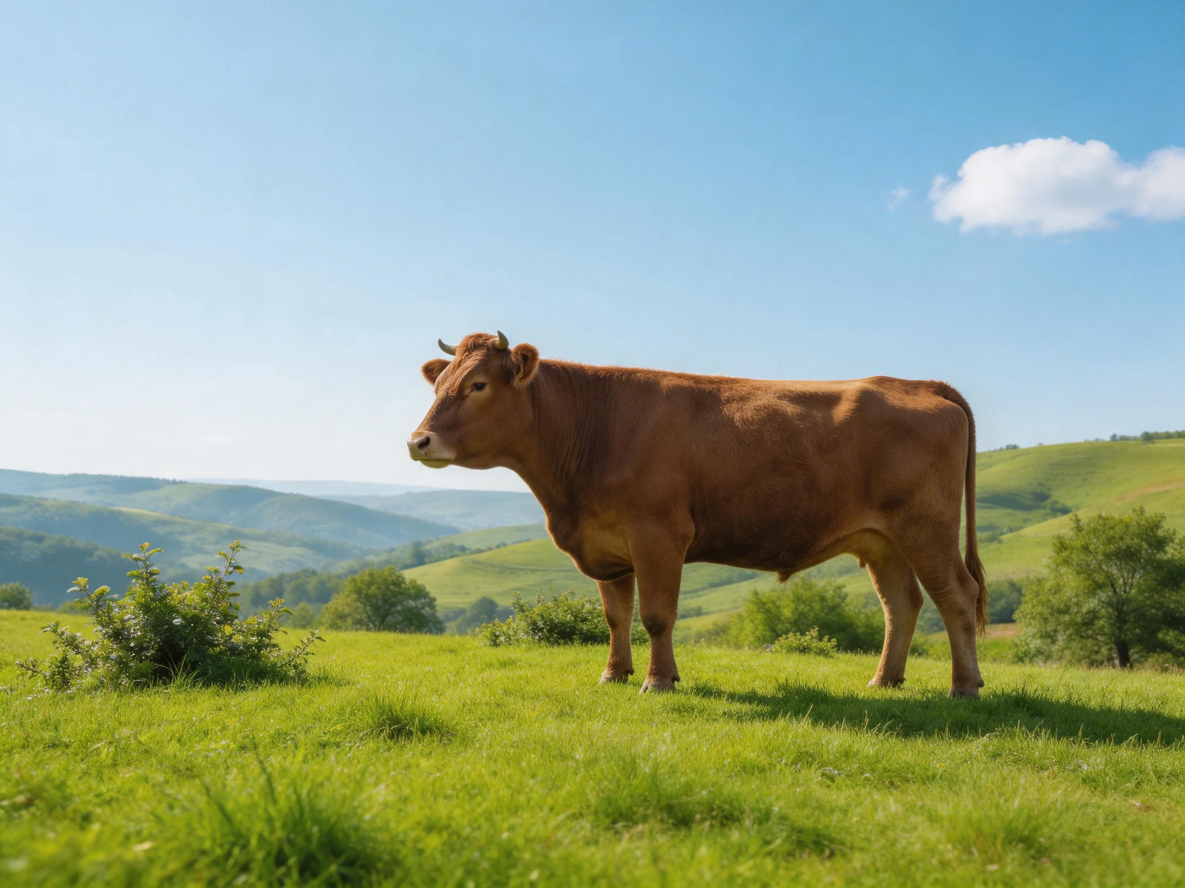 A brown cow in a lush green pasture with rolling hills