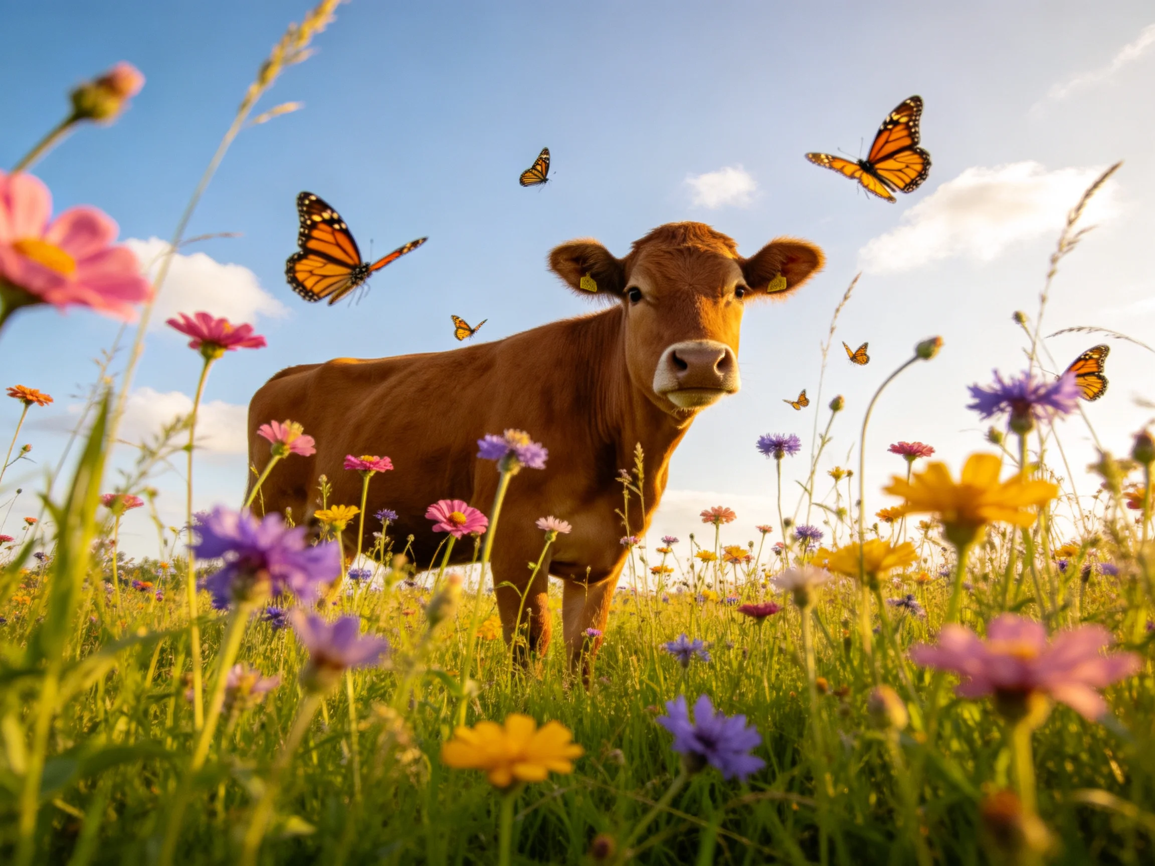 A brown cow in a meadow of colorful wildflowers with monarch butterflies