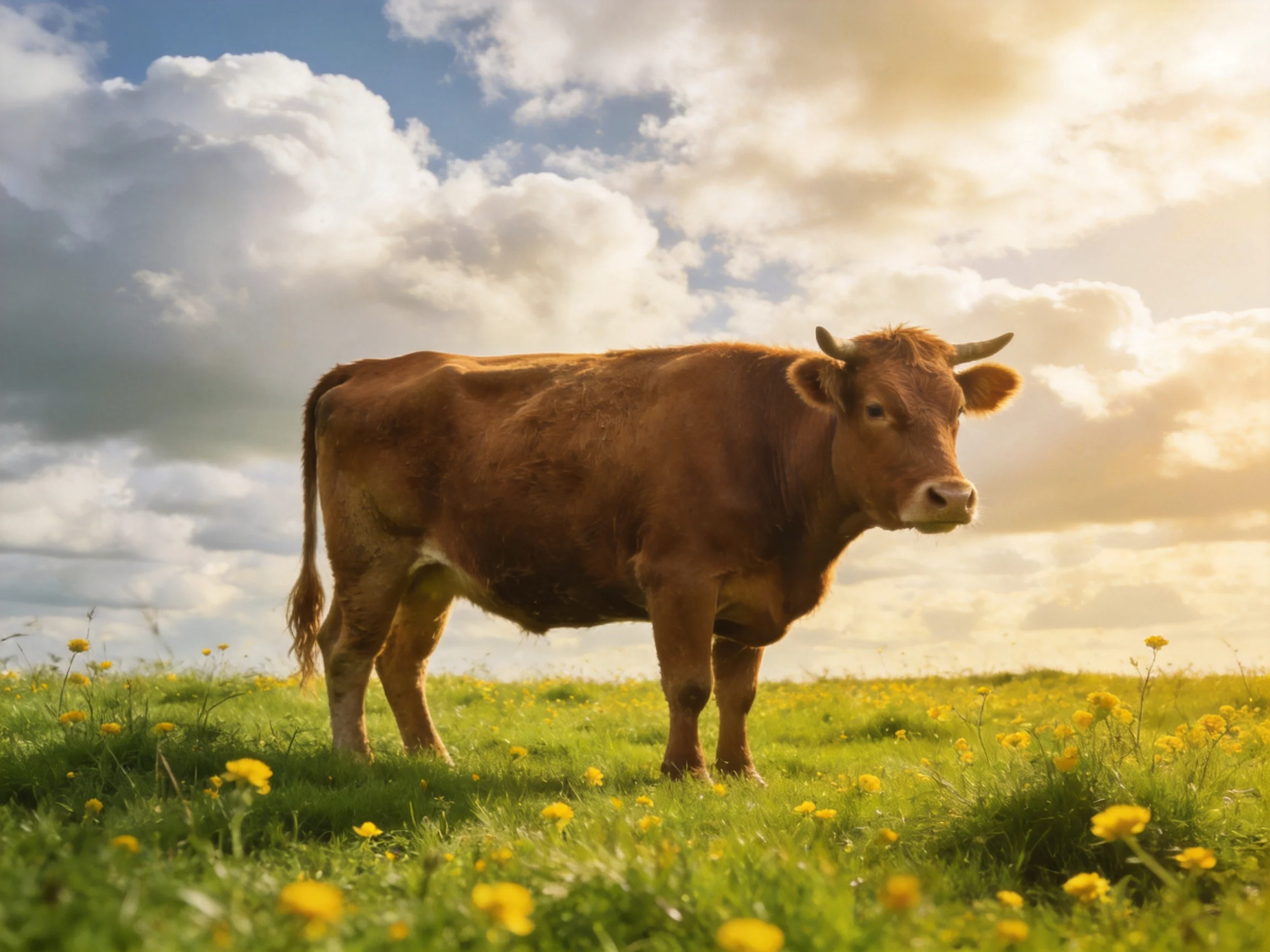 A brown cow in a meadow with yellow wildflowers under a cloudy sky