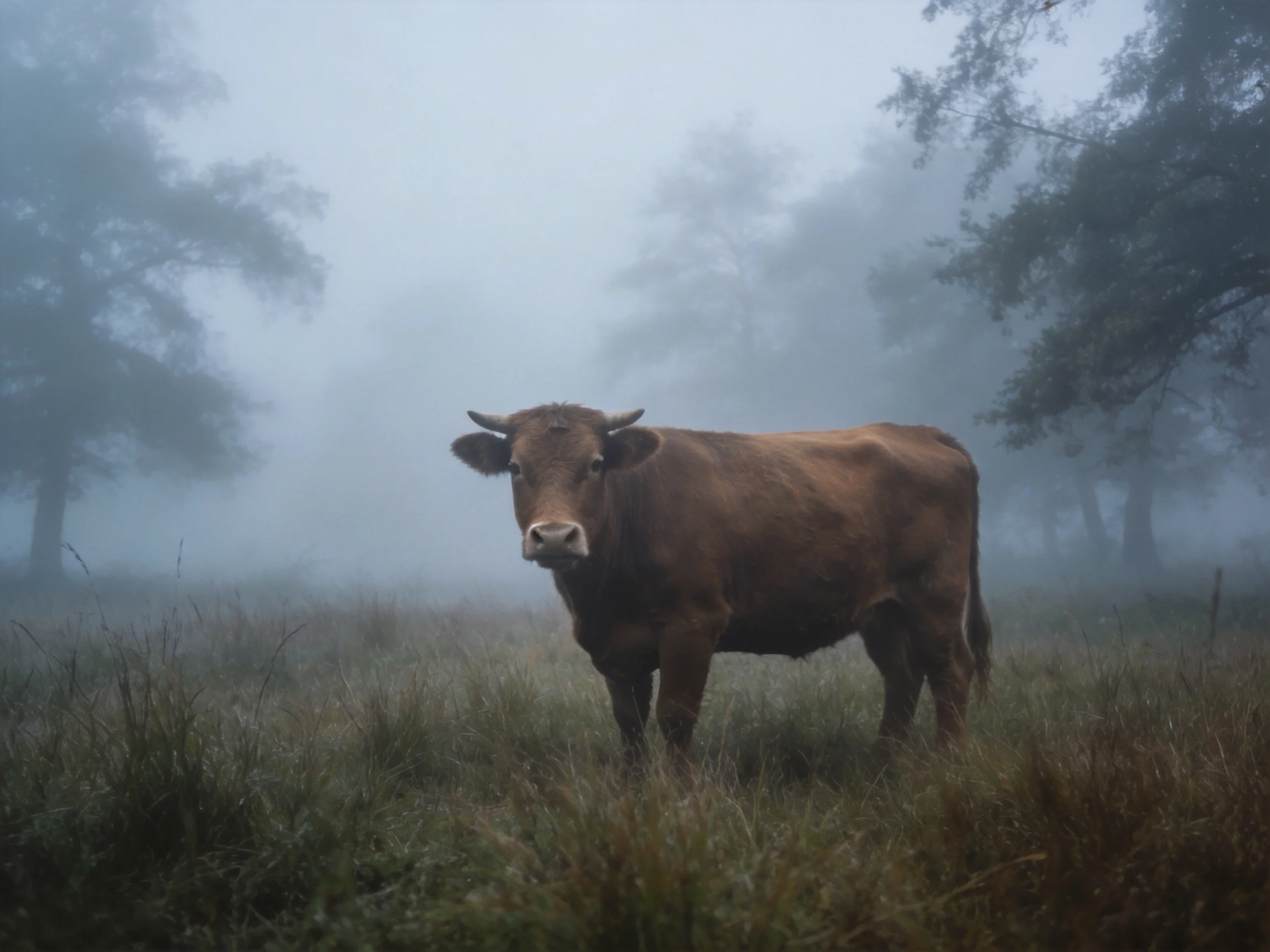 A brown cow in a mist-shrouded meadow near ancient trees