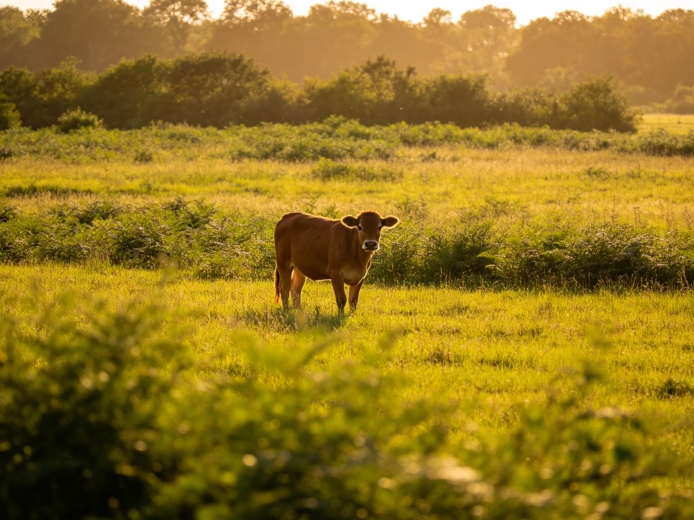 A brown cow in a sun-drenched green meadow with distant trees