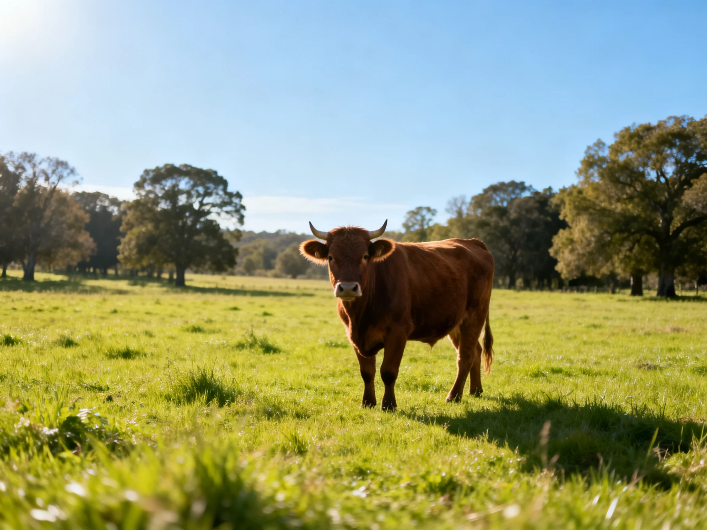 A brown cow in a sun-drenched green pasture with distant trees