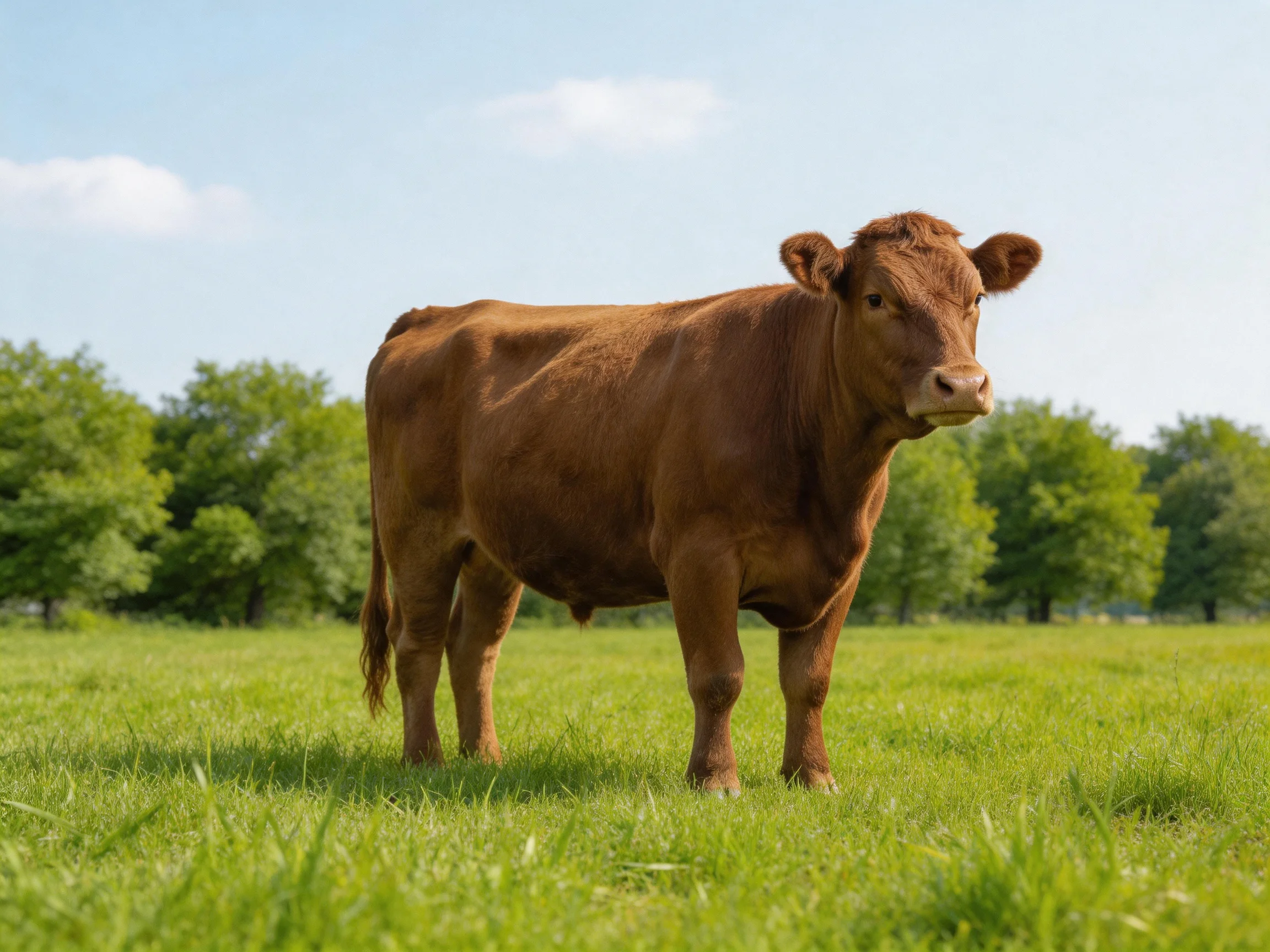 A brown cow in a sun-drenched green pasture with trees