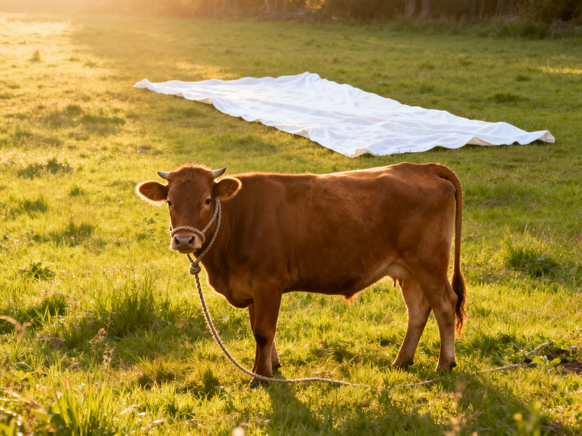 A brown cow in a sun-drenched meadow beside a large white tarp