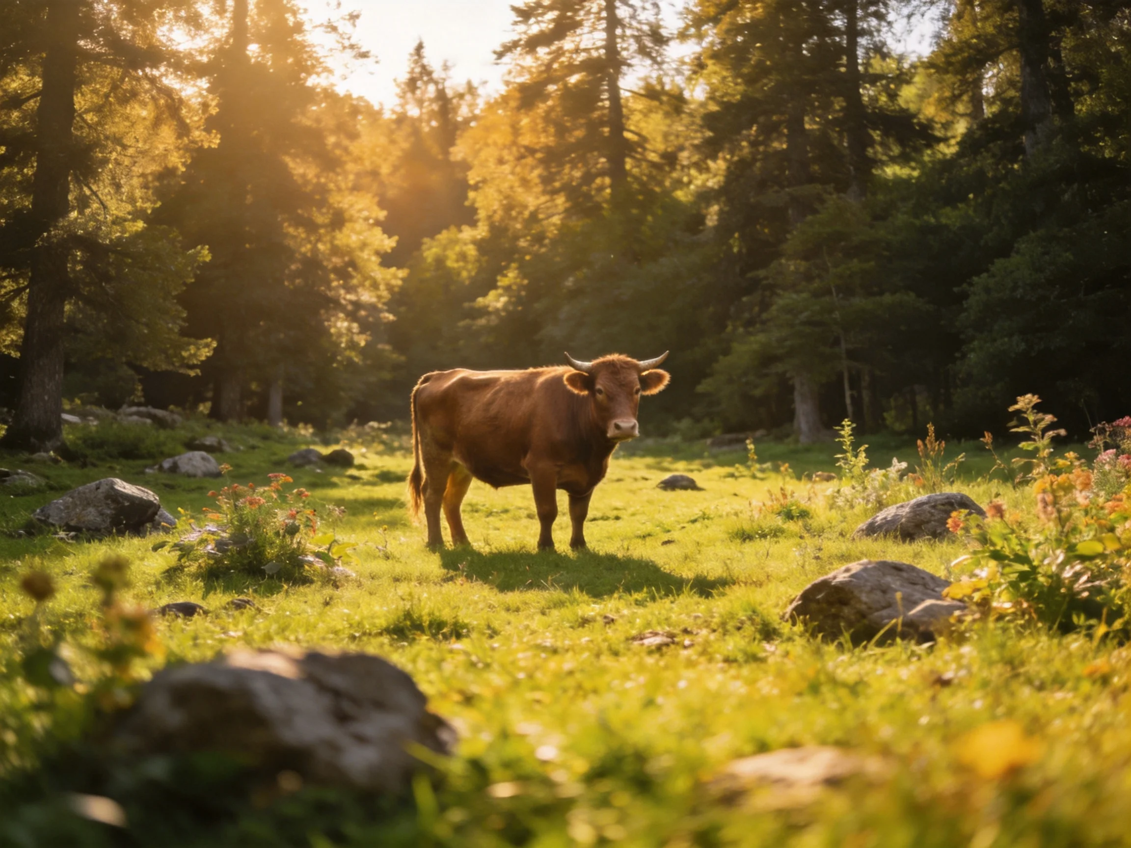 A brown cow in a sunlit forest clearing with rocks and wildflowers