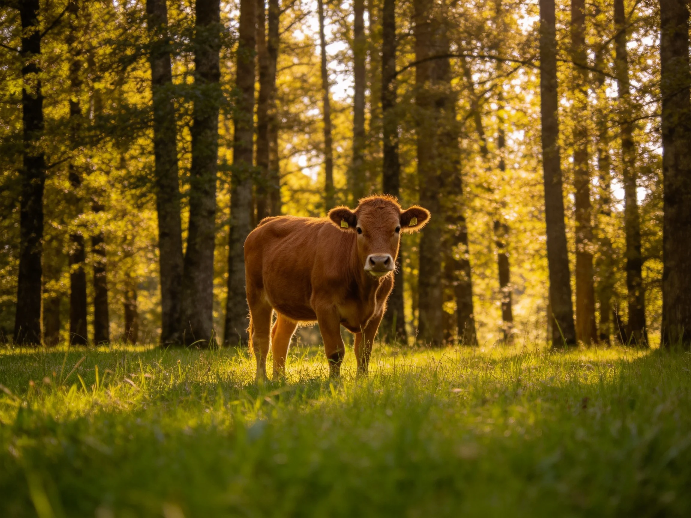 A brown cow in a sunlit forest clearing with tall trees
