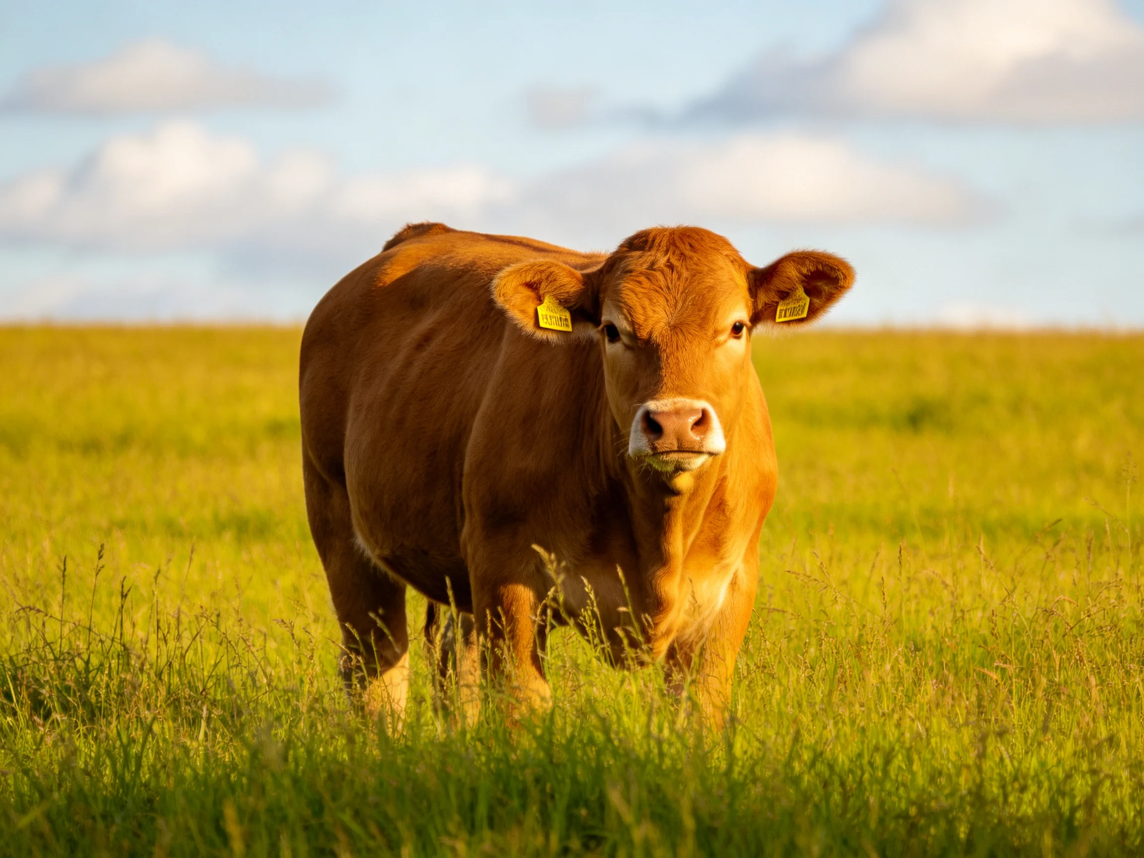 A brown cow stands in a sunlit meadow with tall grass.