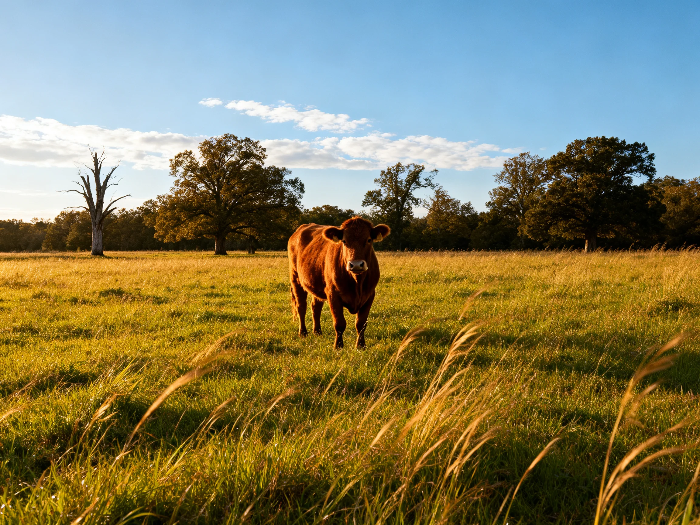 A brown cow in a sunlit golden meadow with tall grass and trees