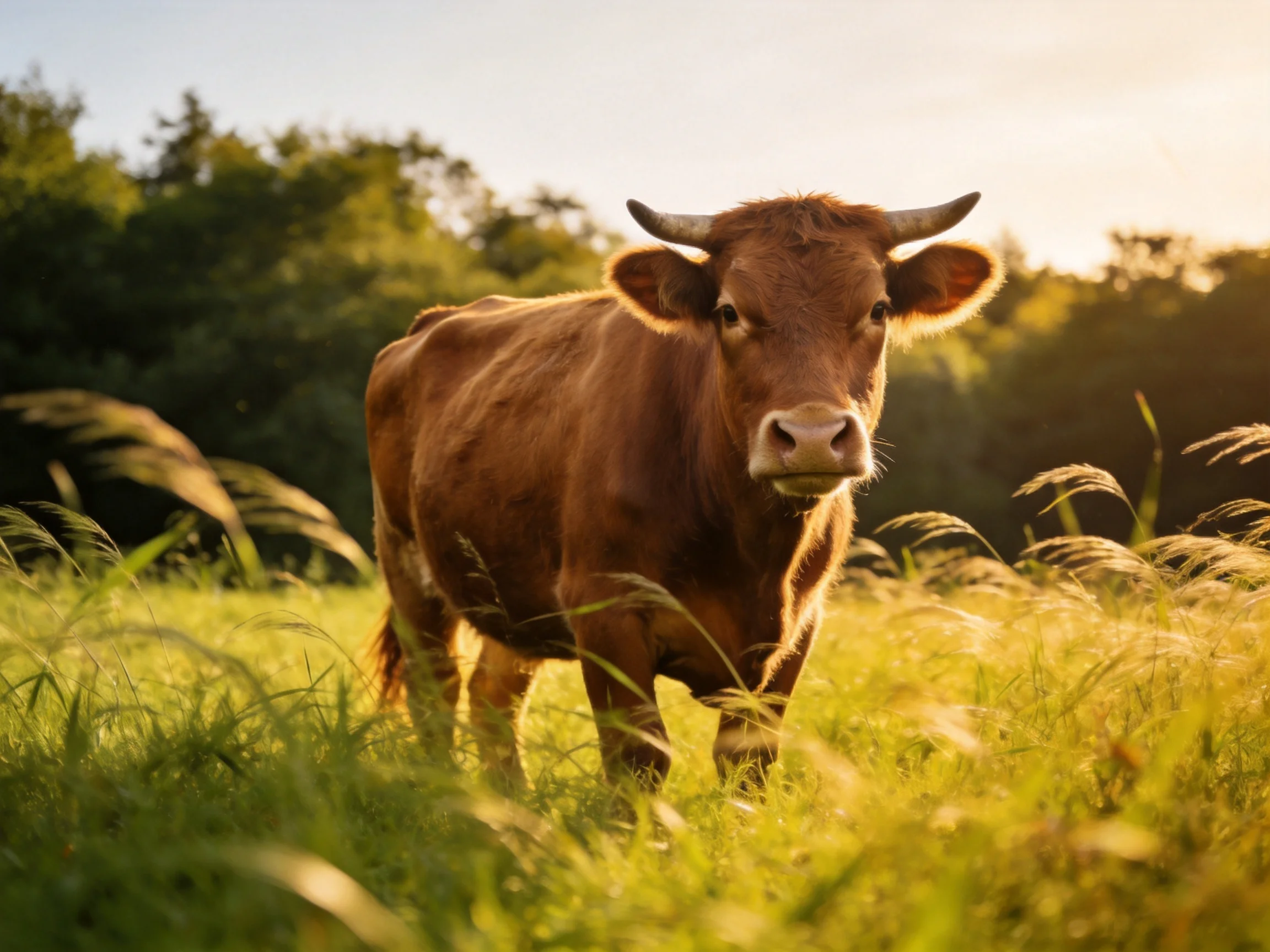 A brown cow in a sunlit green meadow with tall grasses