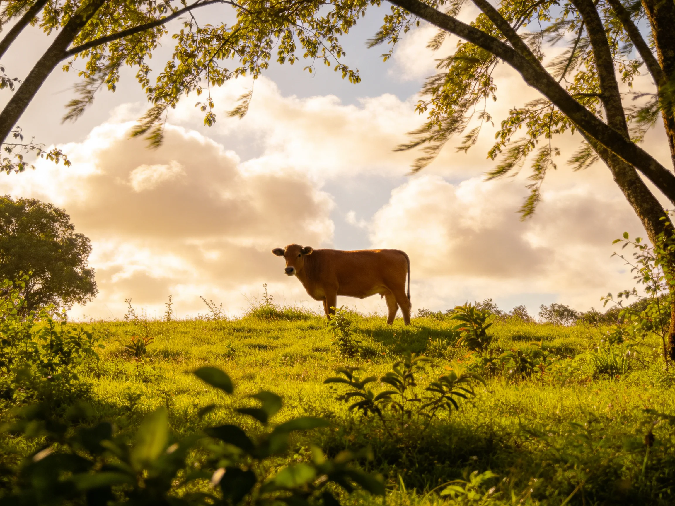 A brown cow in a sunlit green meadow with trees
