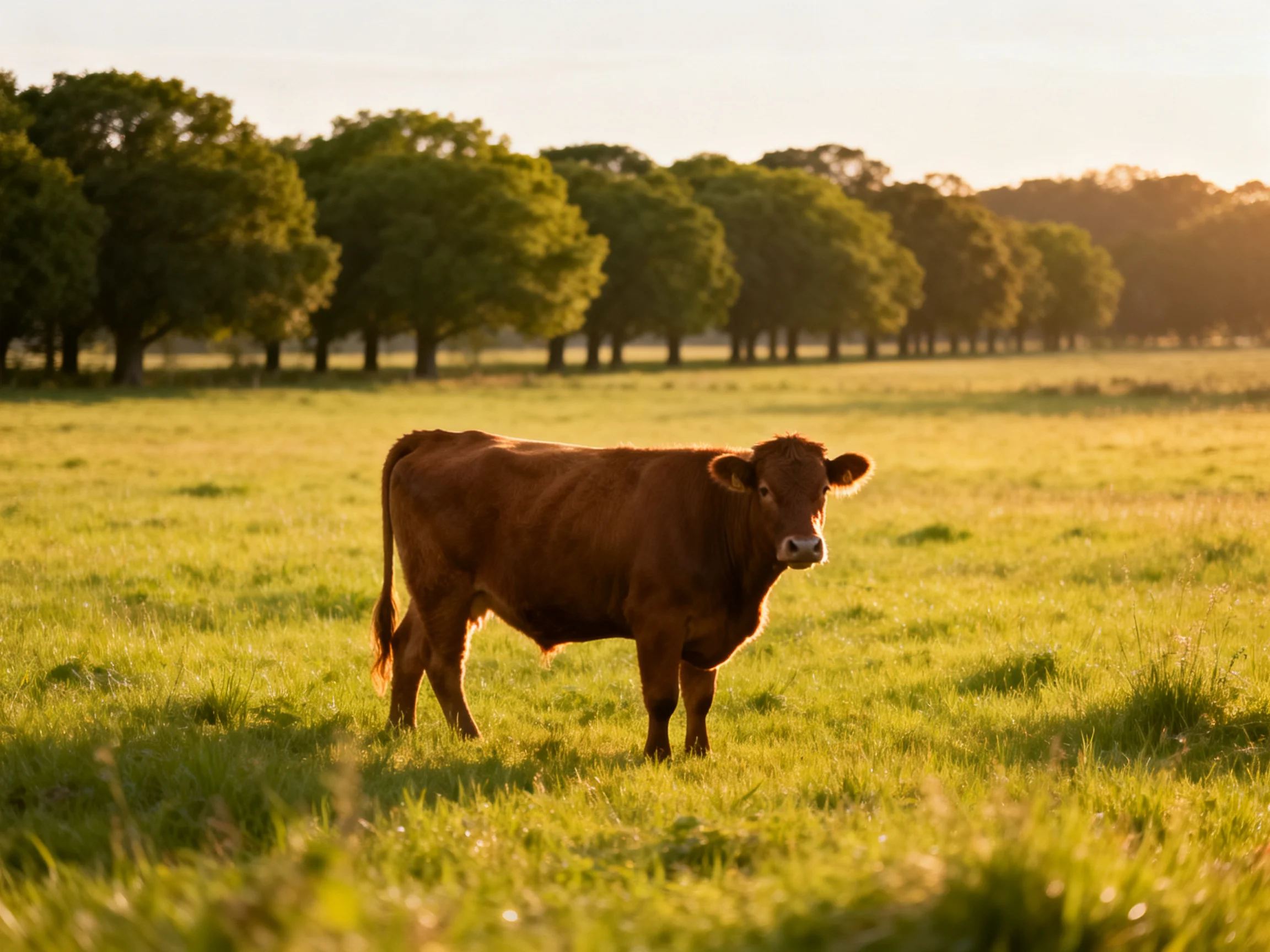 A brown cow in a sunlit green pasture near a row of trees