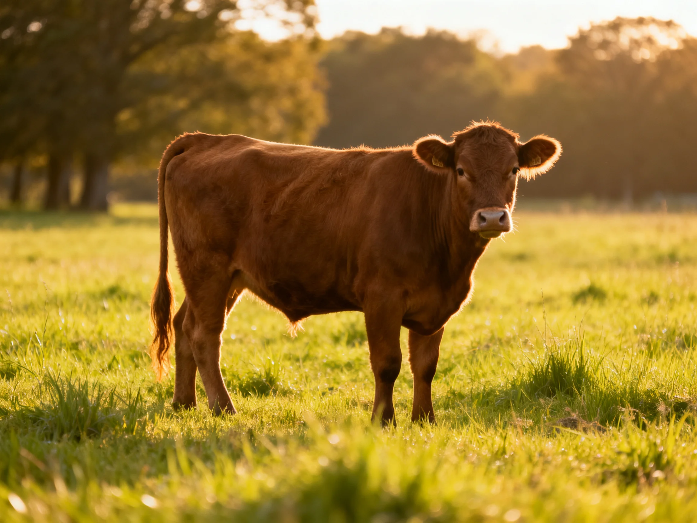 A brown cow in a sunlit green pasture near trees