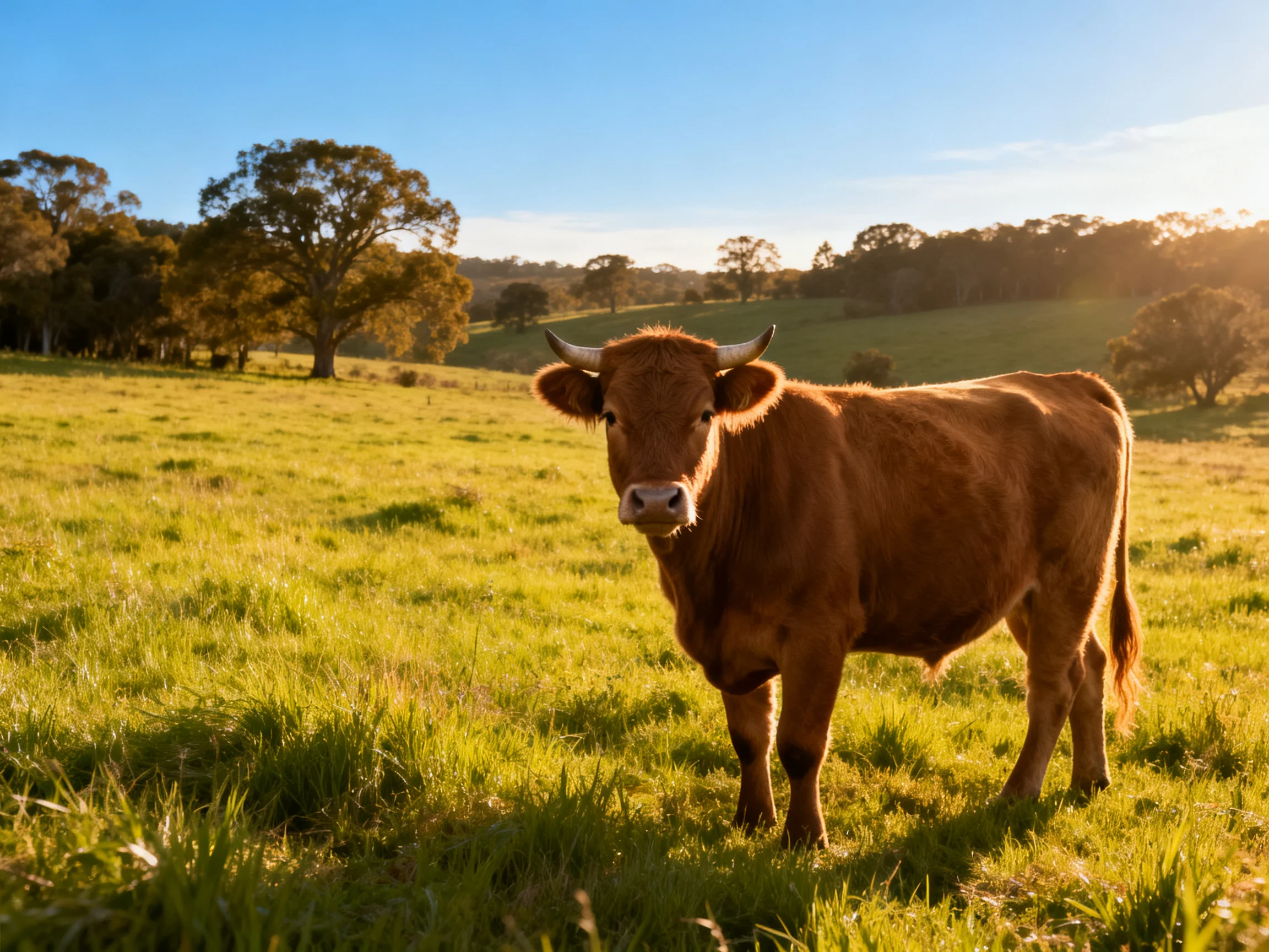 A brown cow in a sunlit green pasture near trees