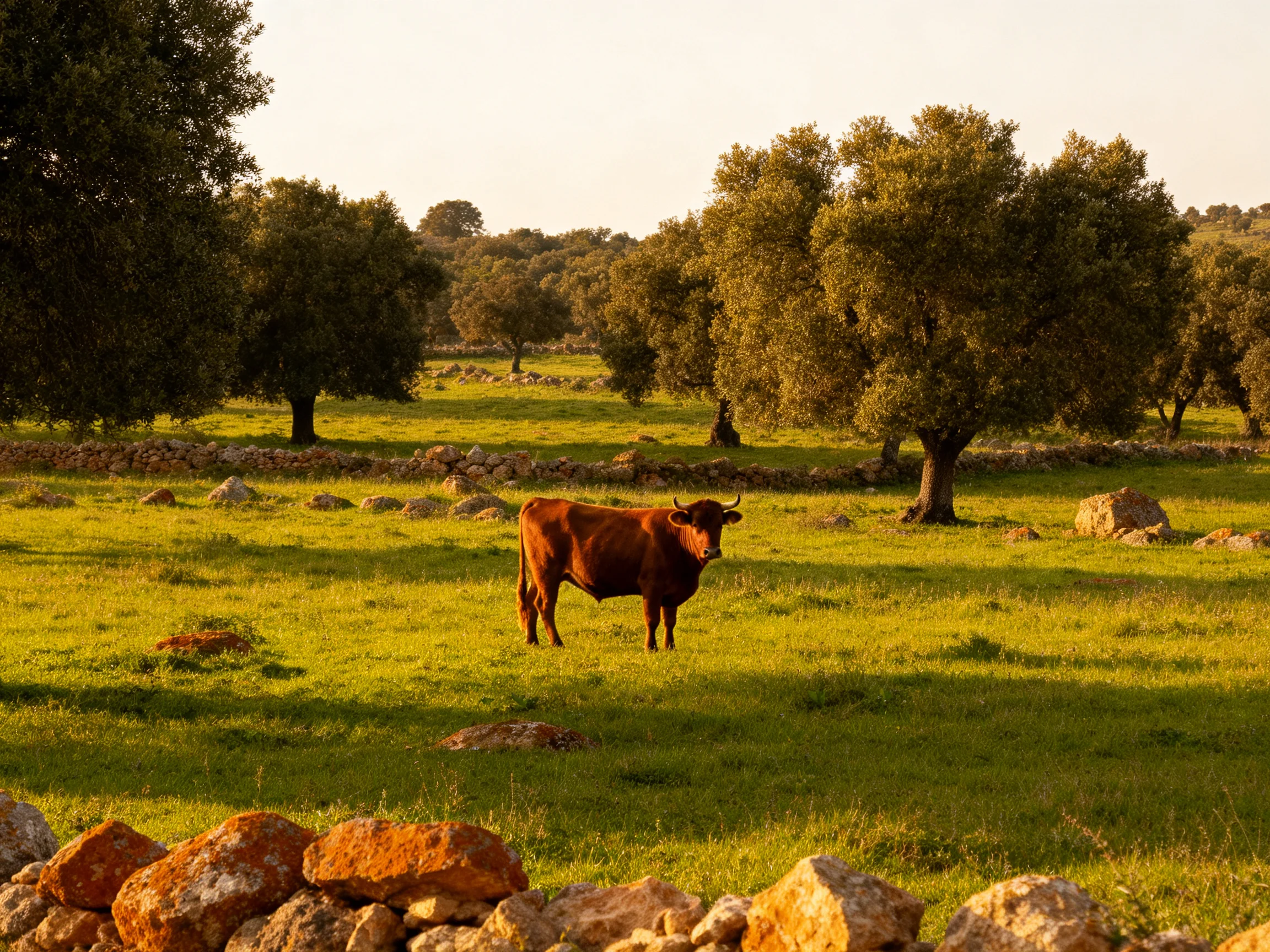 A brown cow in a sunlit green pasture with ancient olive trees