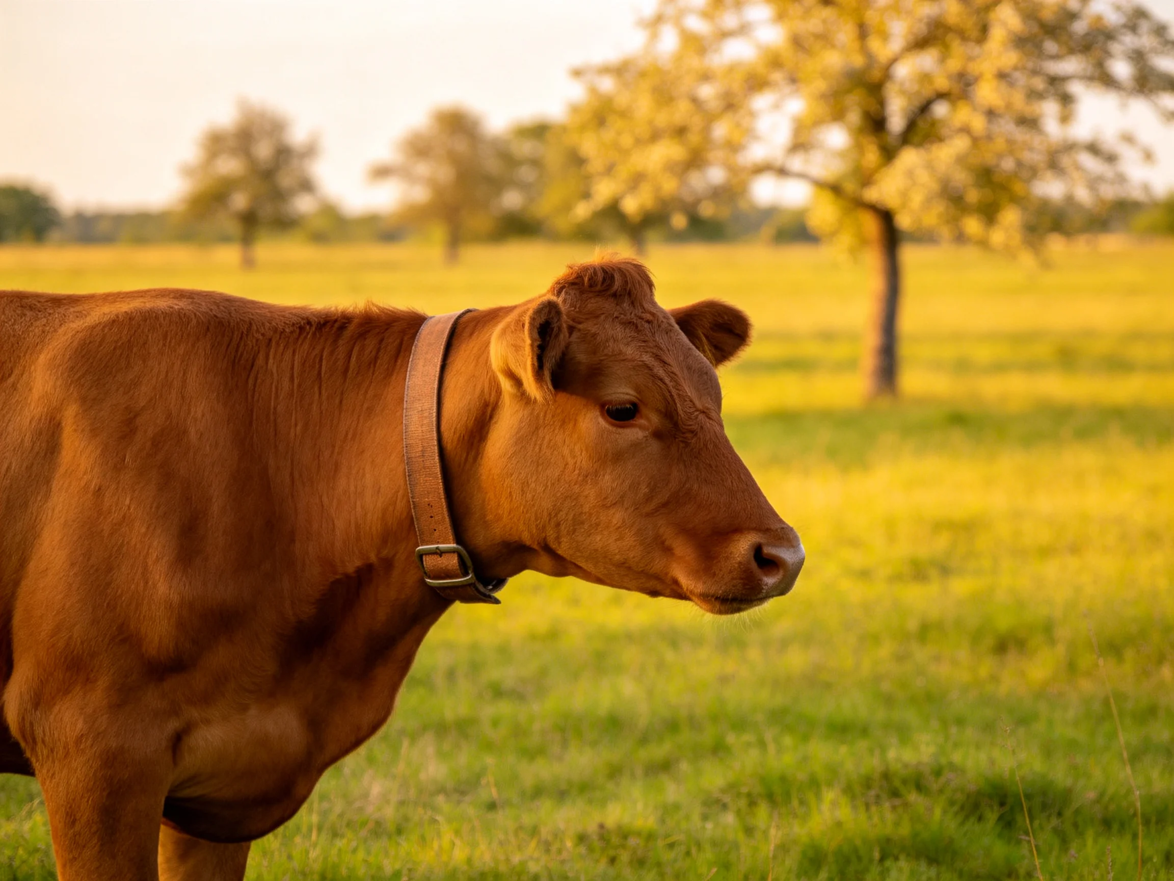 A brown cow in a sunlit green pasture with blooming trees
