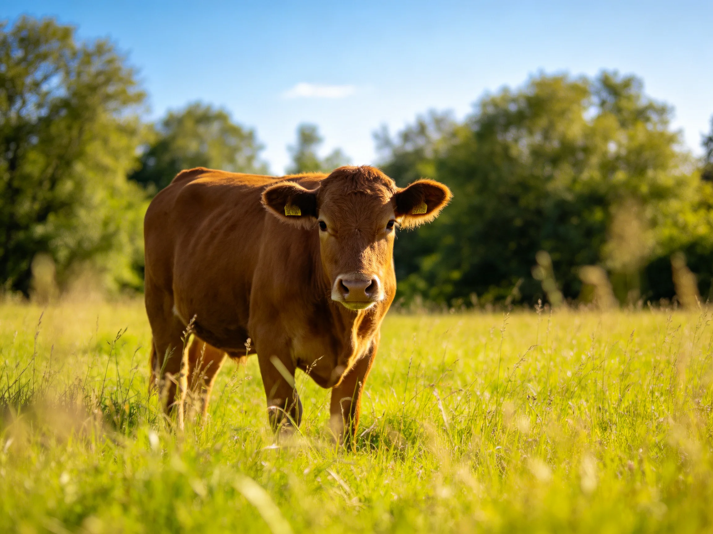 A brown cow in a sunlit green pasture with distant trees