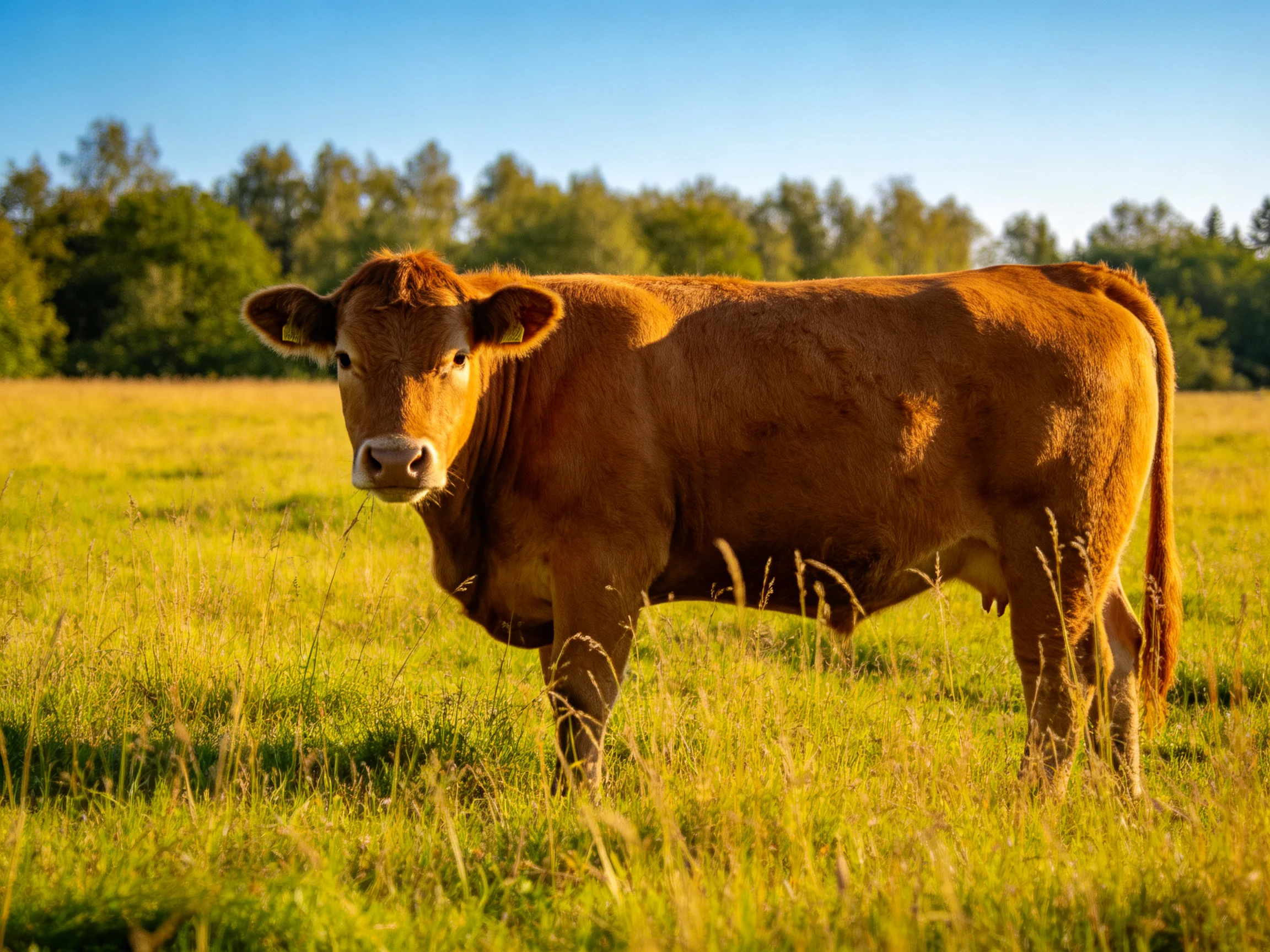 A brown cow in a sunlit green pasture with trees