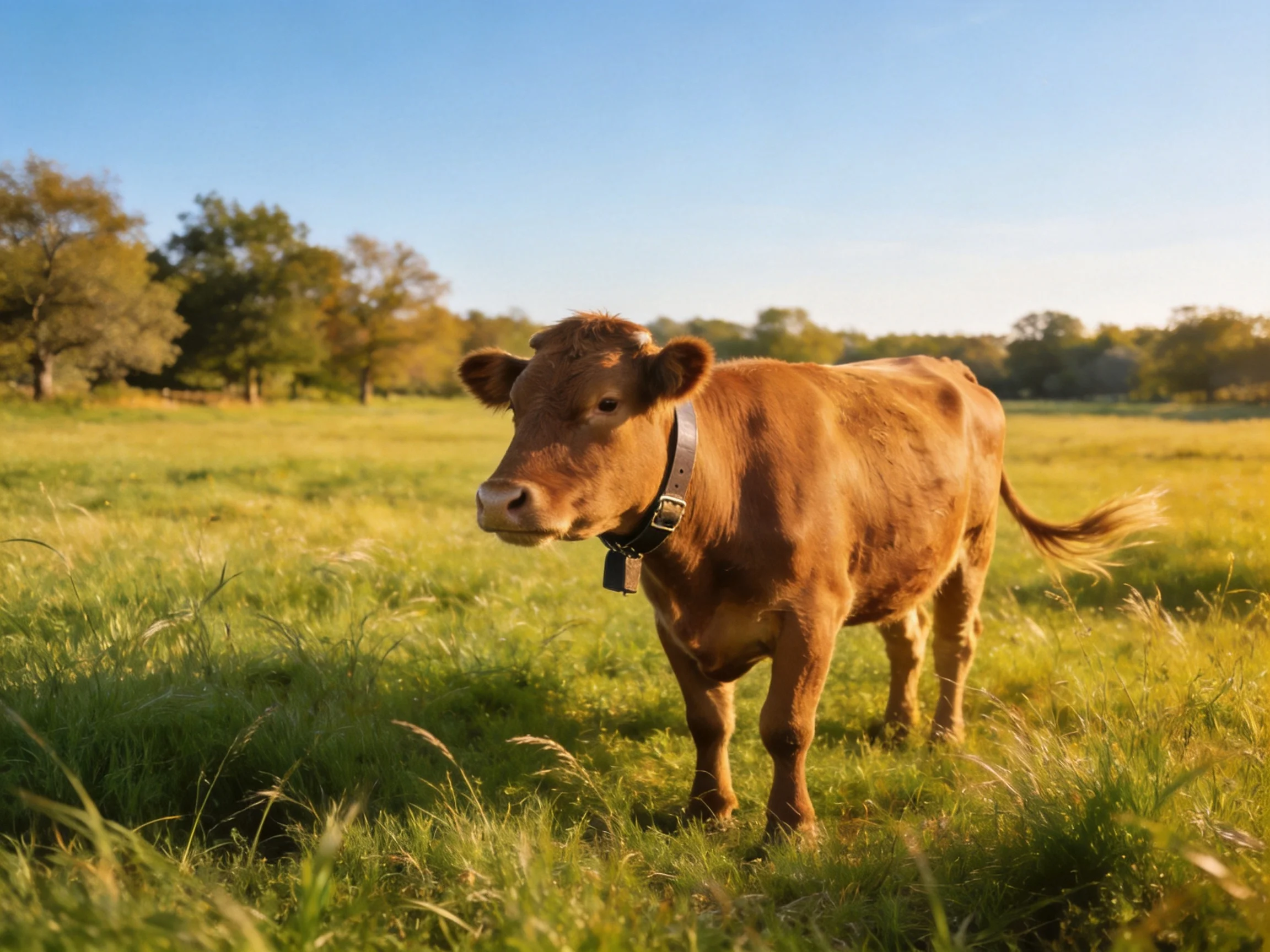 A brown cow in a sunlit green pasture with trees