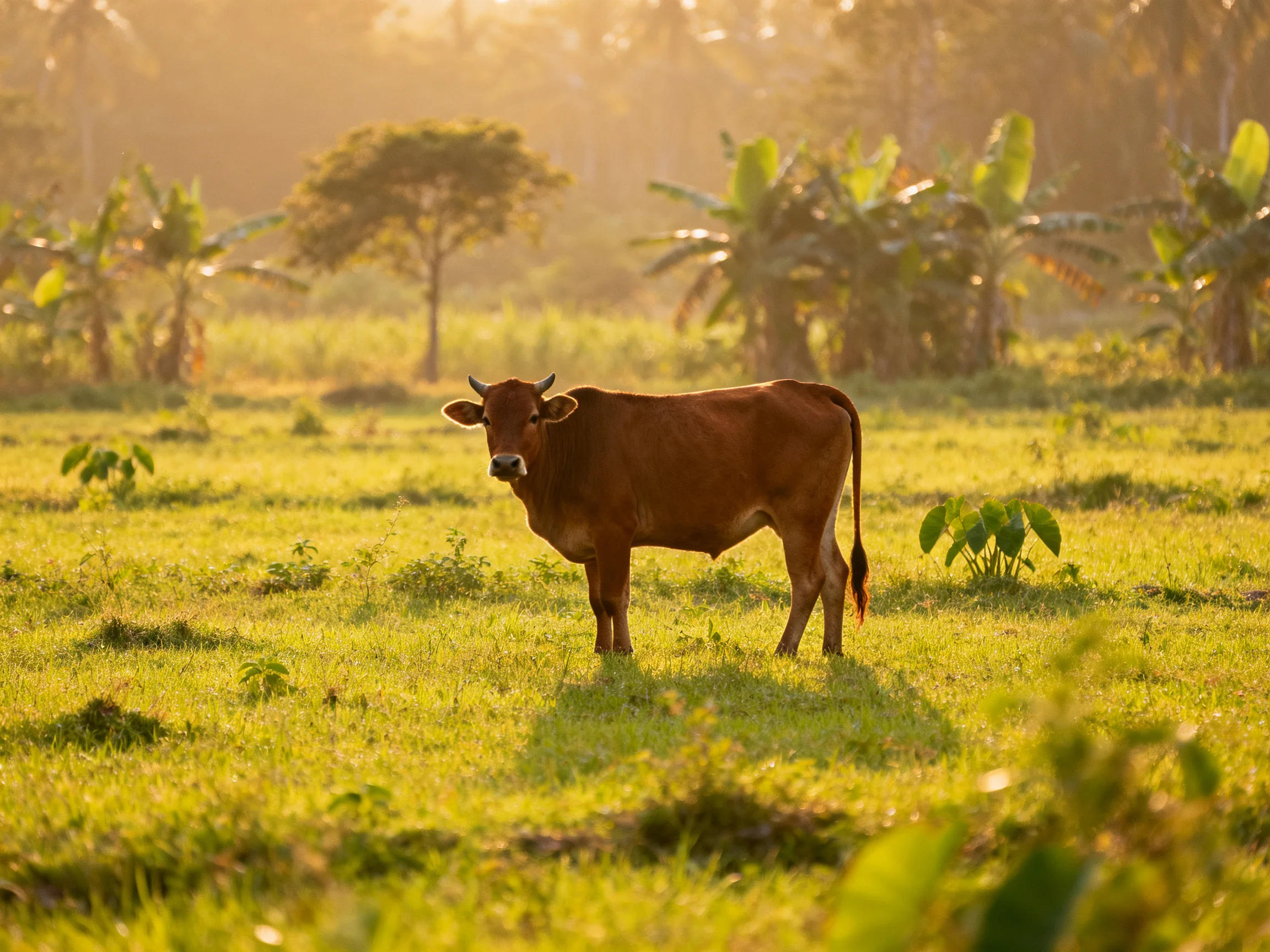 A brown cow in a sunlit green pasture with tropical vegetation