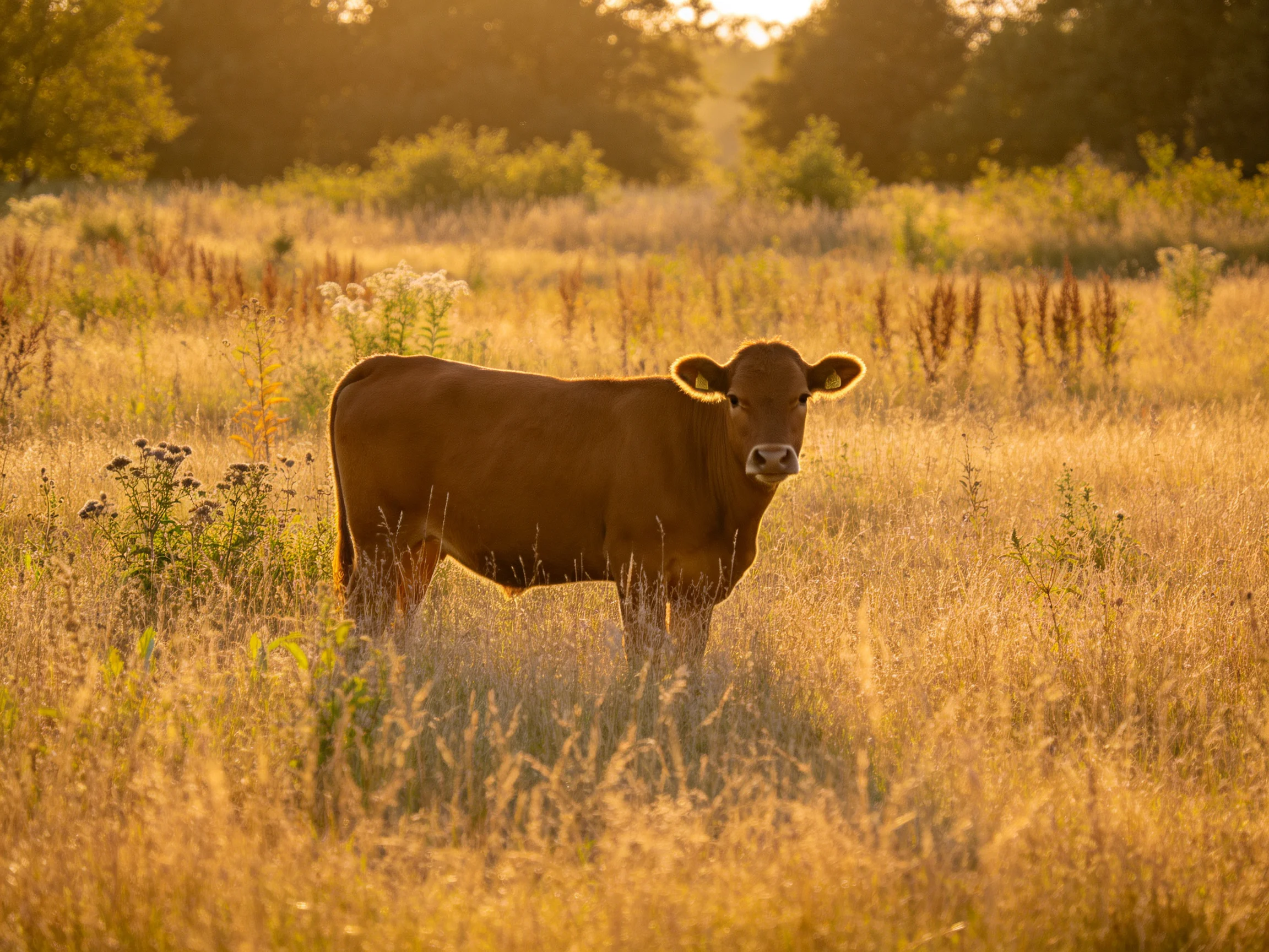 A brown cow in a sunlit meadow of tall golden grass