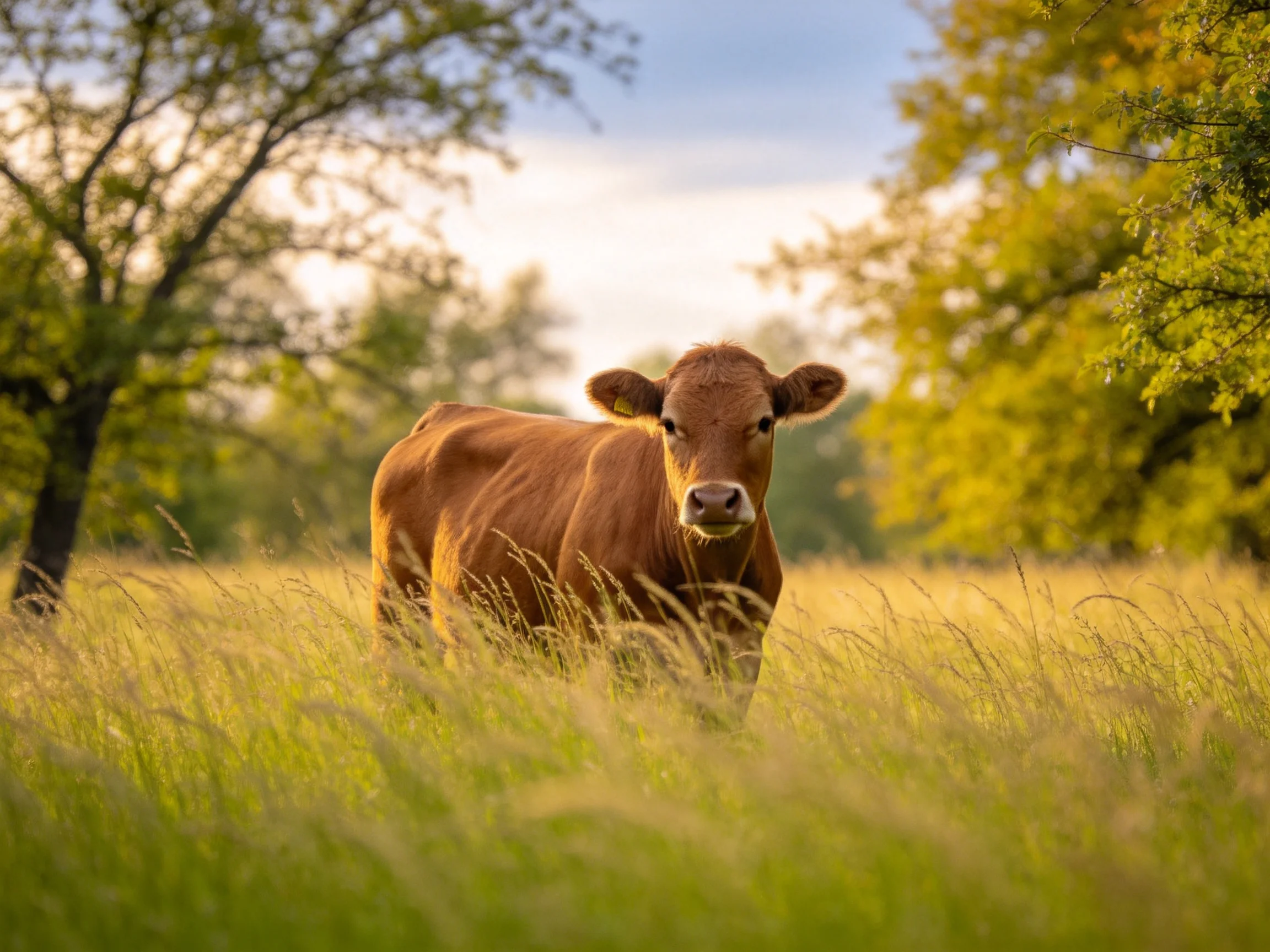 A brown cow in a sunlit meadow with golden grass and green trees