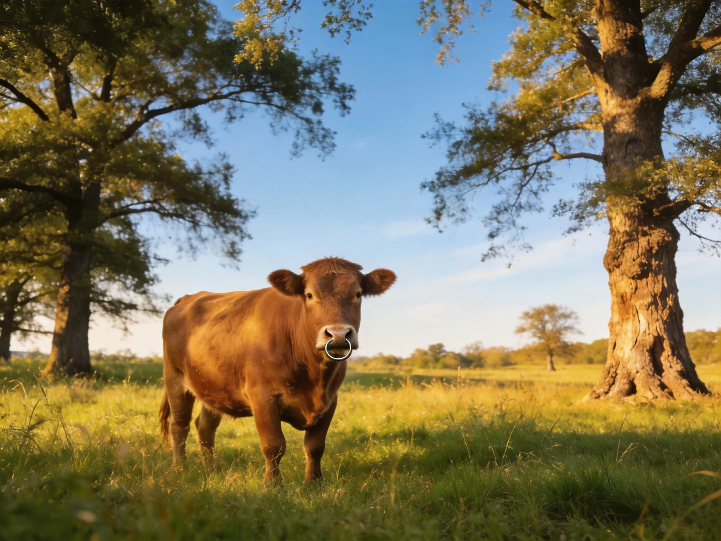 A brown cow in a sunlit meadow with tall trees