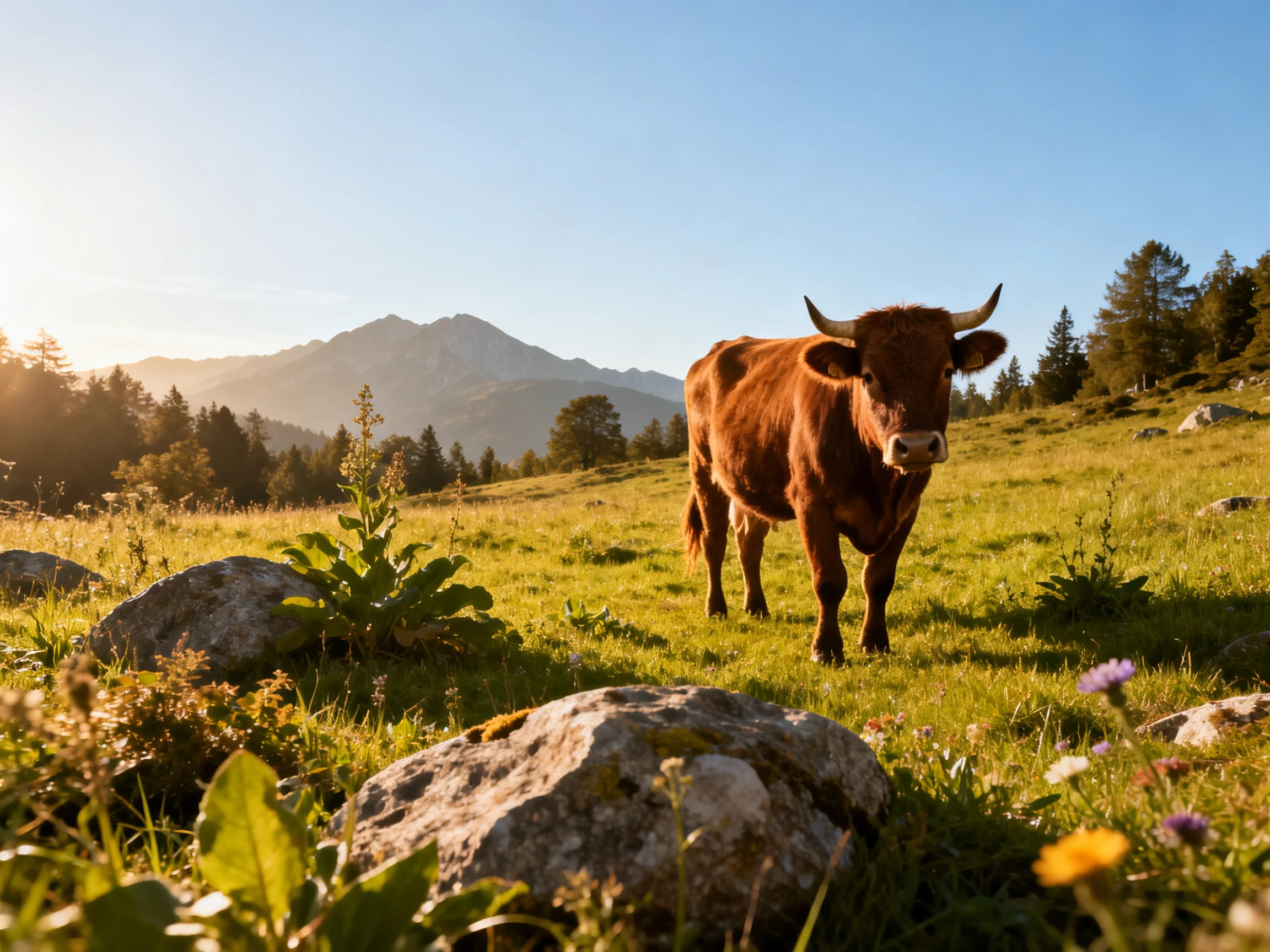 A brown cow in a sunlit mountain meadow with rocks and wildflowers