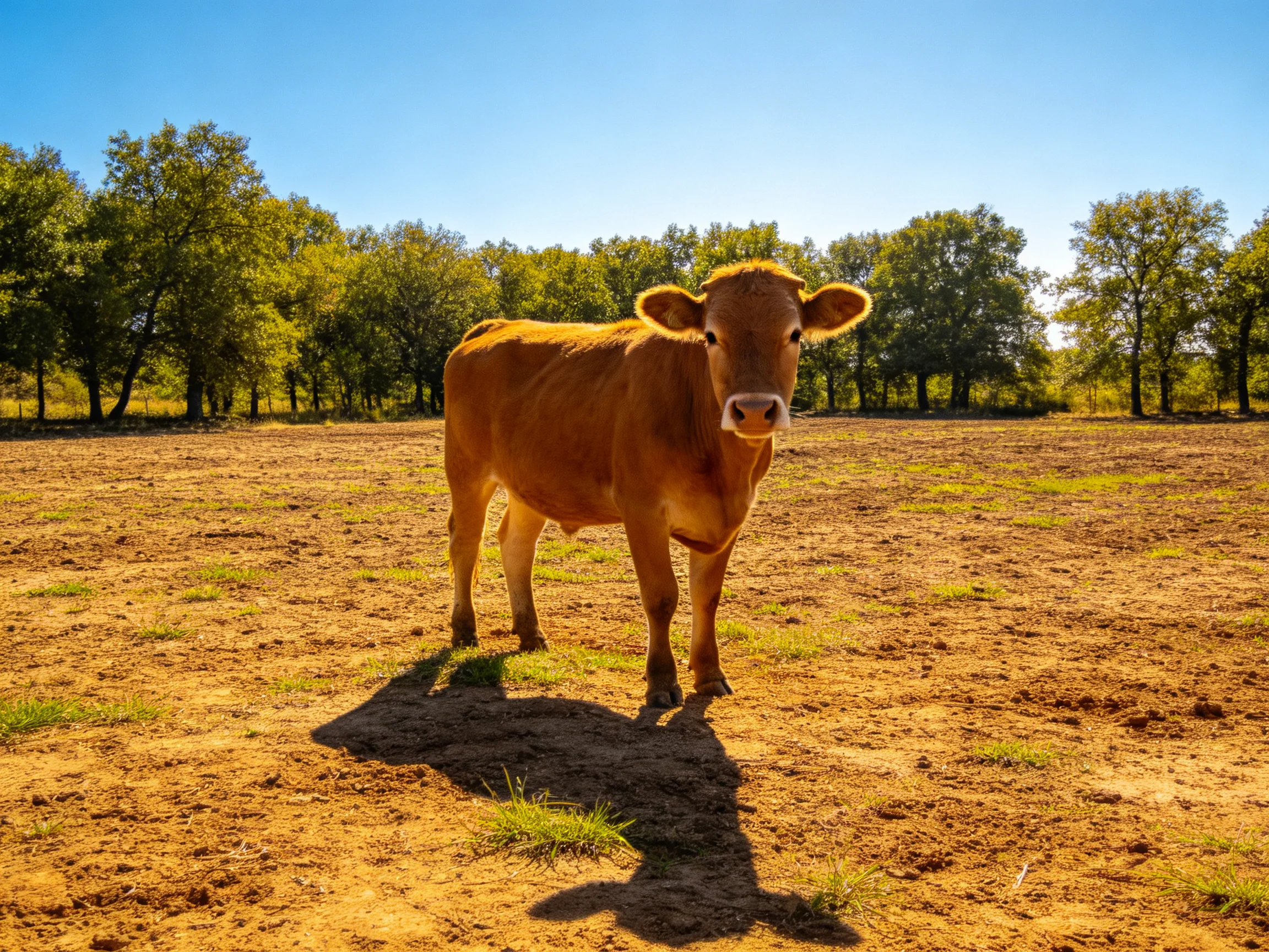 A brown cow in a sunlit open field near green trees