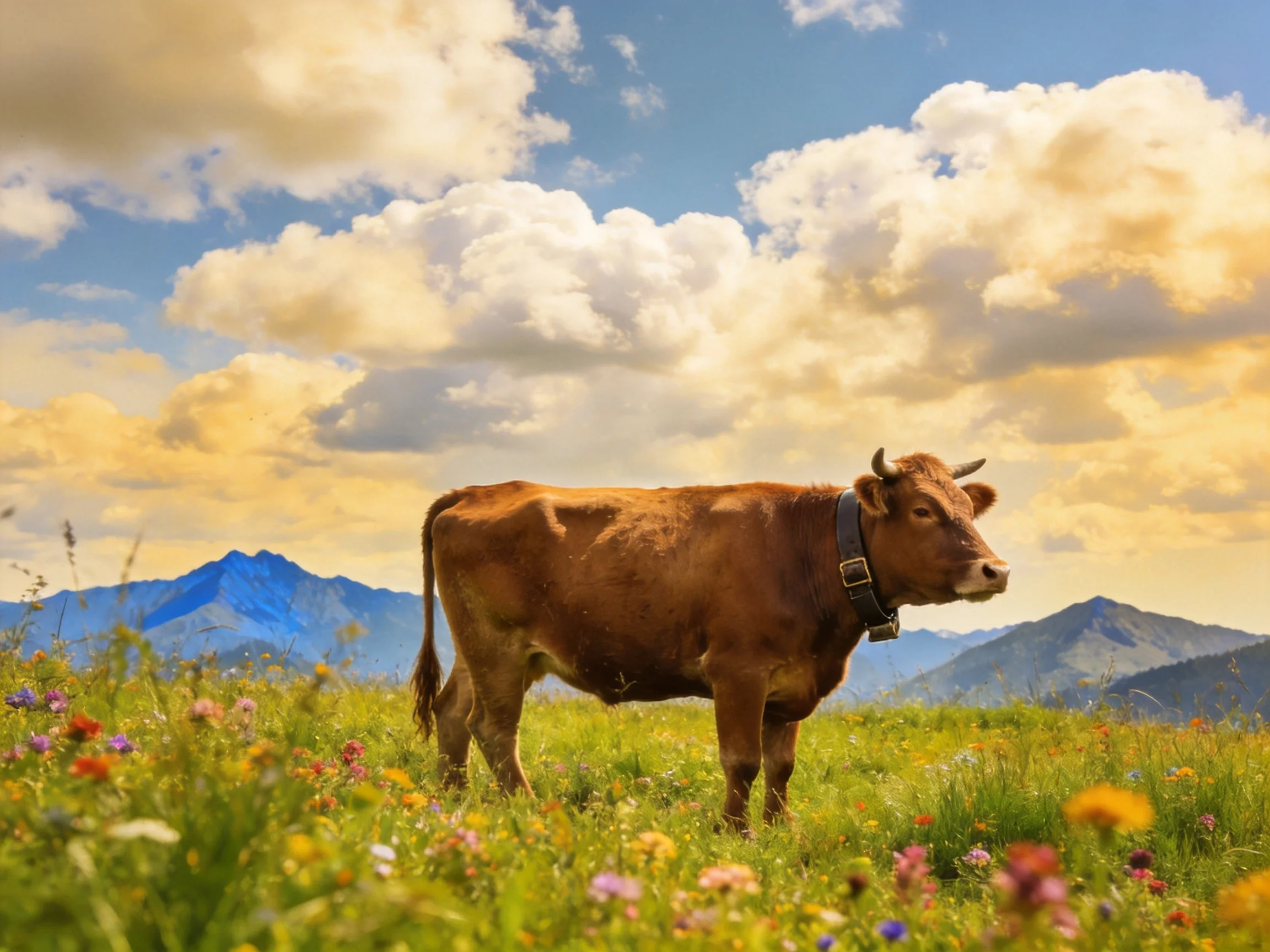 A brown cow in a vibrant flower meadow near blue mountains