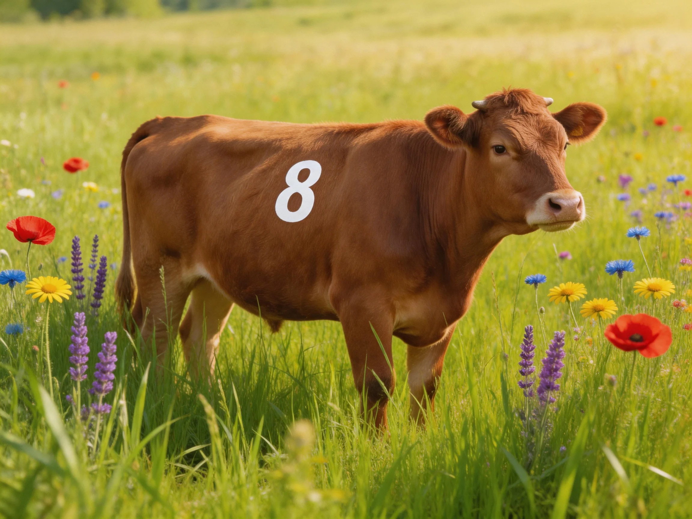 A brown cow marked 8 stands among colorful wildflowers in a sunlit meadow