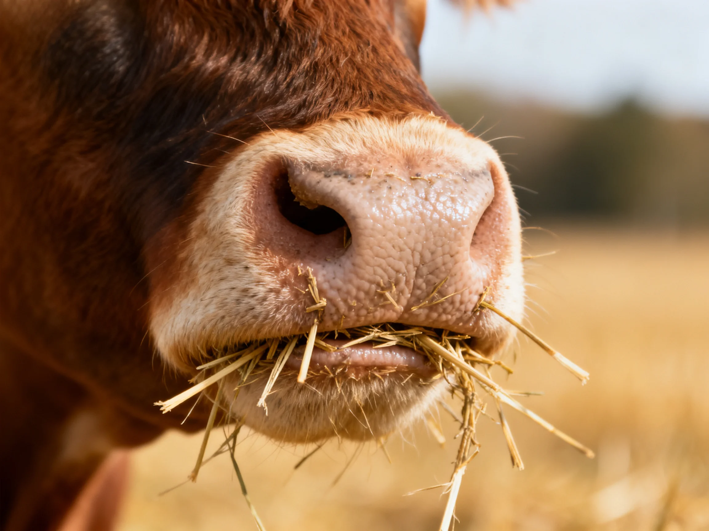 A brown cow munching hay with a close - of its nose