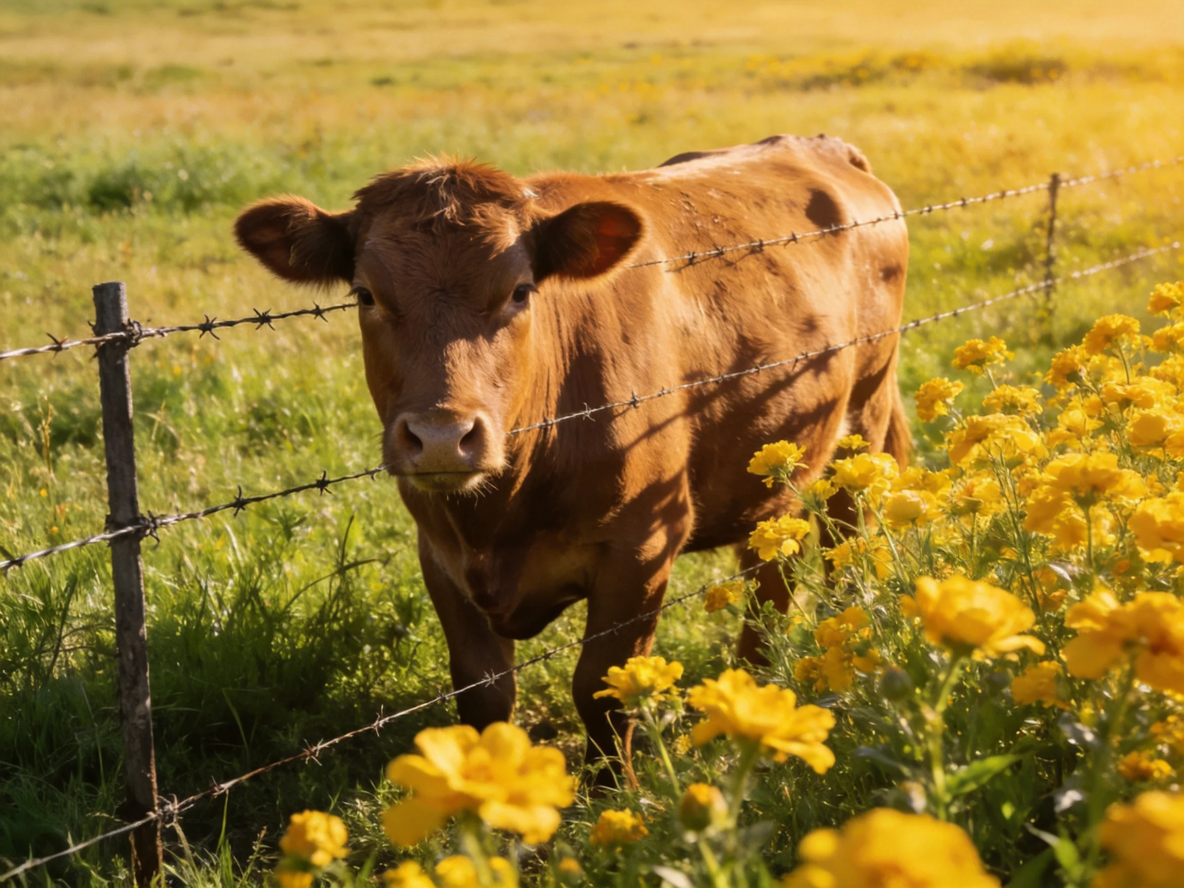 A brown cow near a barbed-wire fence amid vibrant yellow flowers